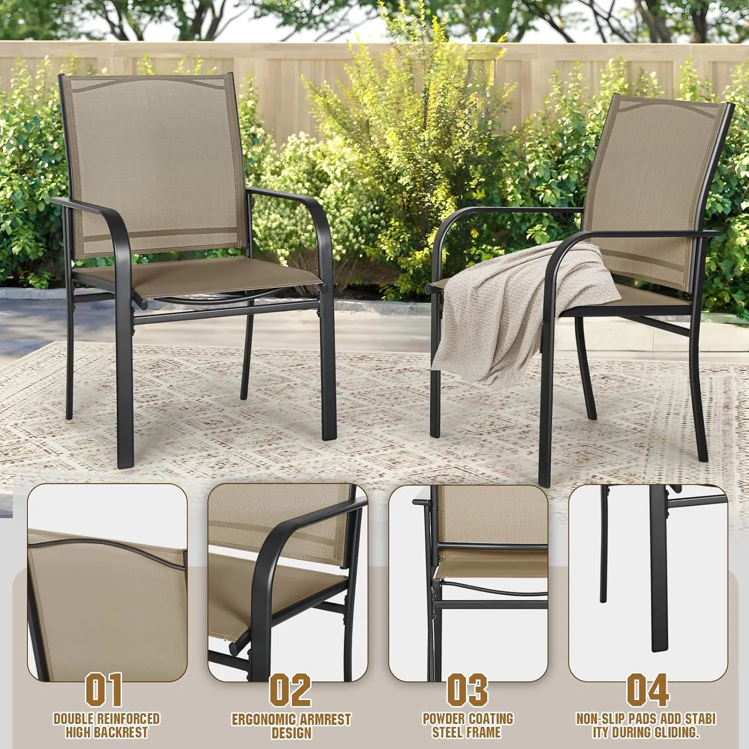 SUNCROWN 6 - Piece Outdoor Dining Set, Patio Furniture Set with 4 Textilene Dinning Chairs, 1 Steel Slat Metal Bistro Table and 1 Brown 9Ft Patio Umbrella for Lawn Garden Backyard Deck, Brown