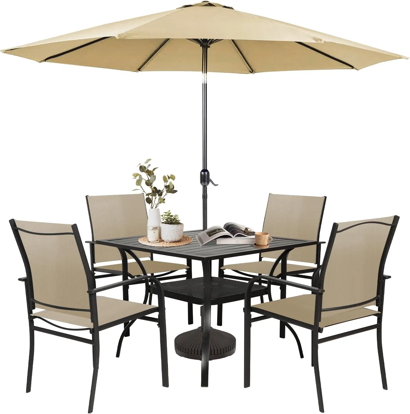 SUNCROWN 6 - Piece Outdoor Dining Set, Patio Furniture Set with 4 Textilene Dinning Chairs, 1 Steel Slat Metal Bistro Table and 1 Brown 9Ft Patio Umbrella for Lawn Garden Backyard Deck, Brown