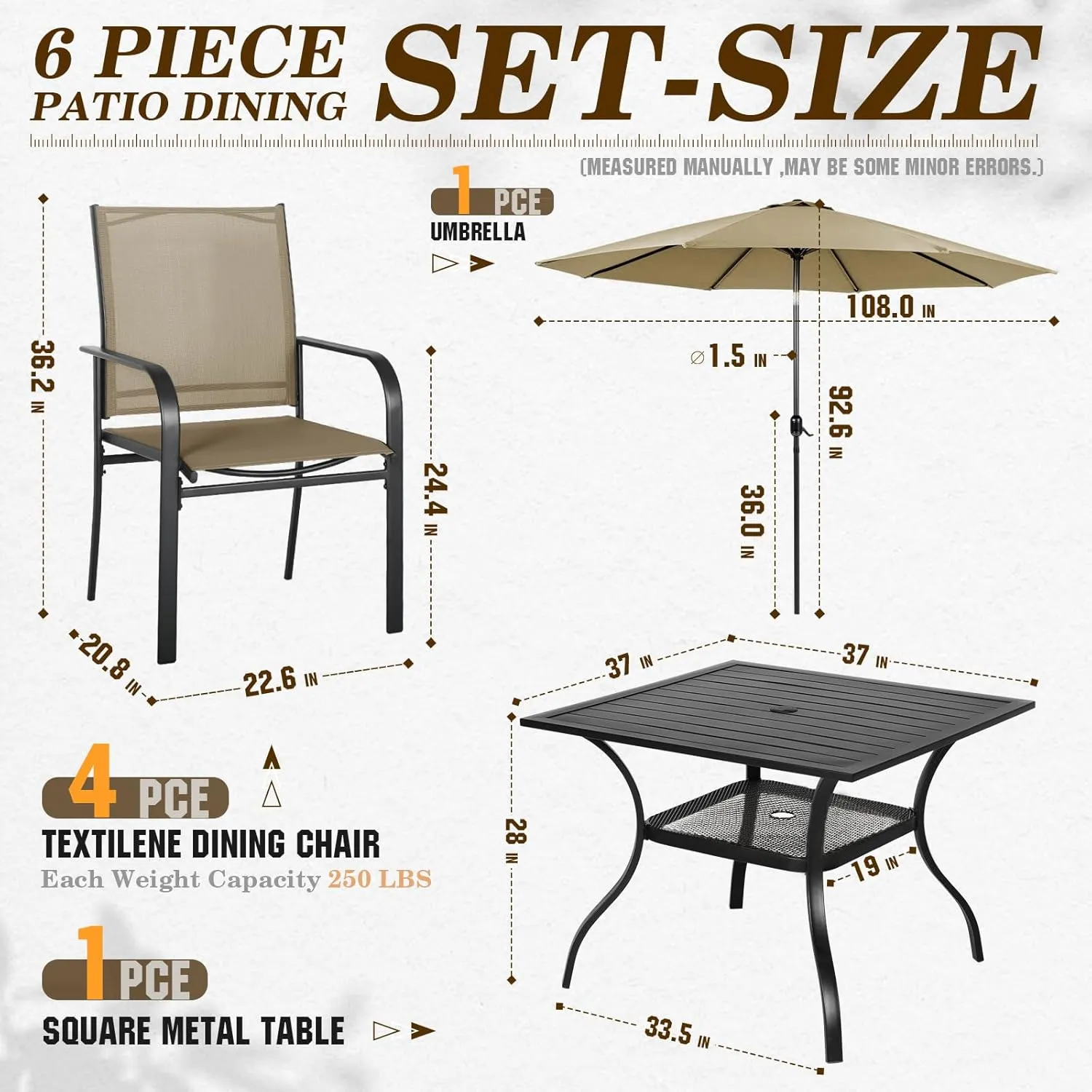 SUNCROWN 6 - Piece Outdoor Dining Set, Patio Furniture Set with 4 Textilene Dinning Chairs, 1 Steel Slat Metal Bistro Table and 1 Brown 9Ft Patio Umbrella for Lawn Garden Backyard Deck, Brown