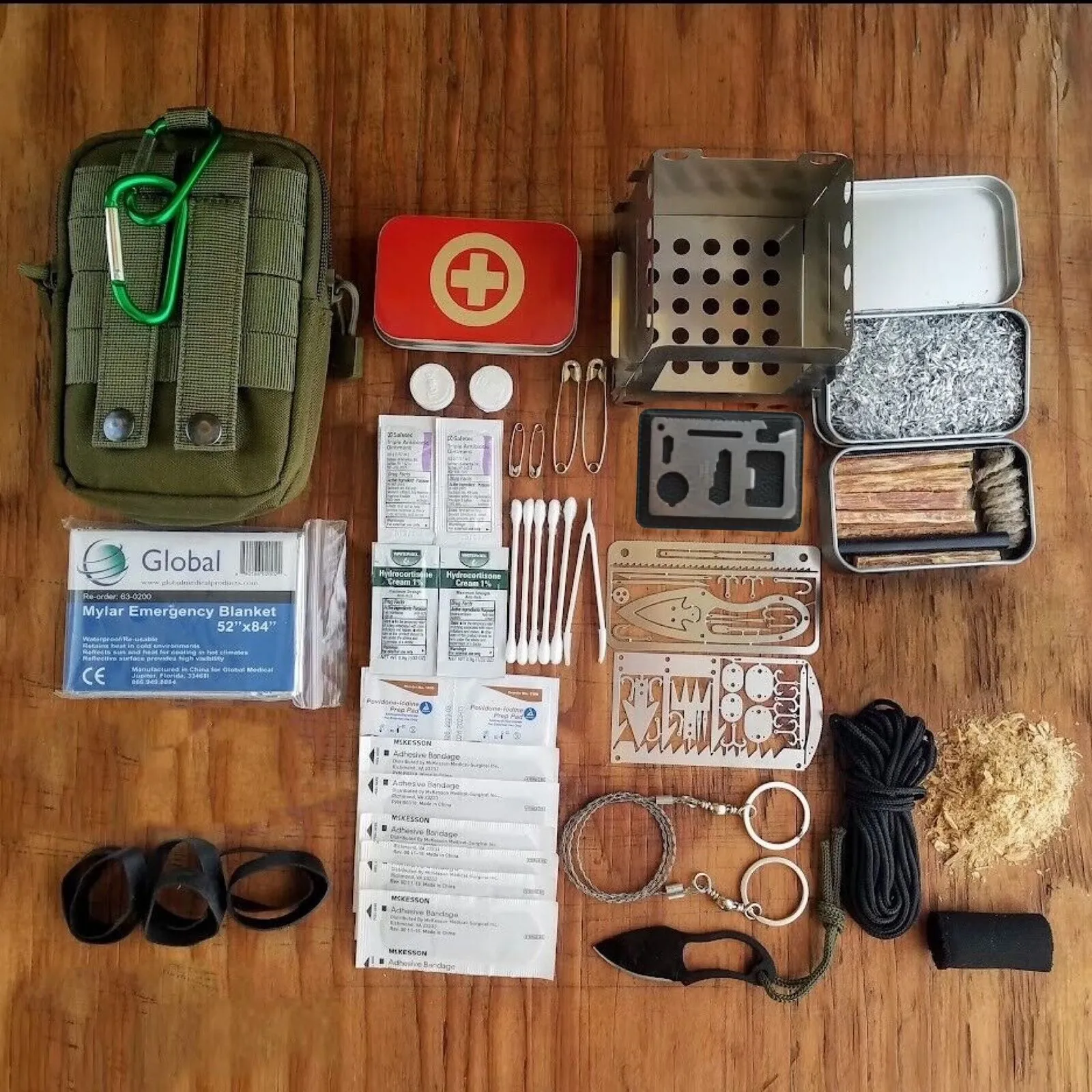 Survival First Aid Kit Fatwood Fire Starting Saw Knife Ferro Rod