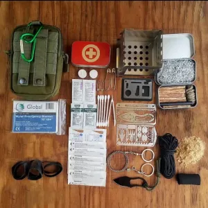 Survival First Aid Kit Fatwood Fire Starting Saw Knife Ferro Rod