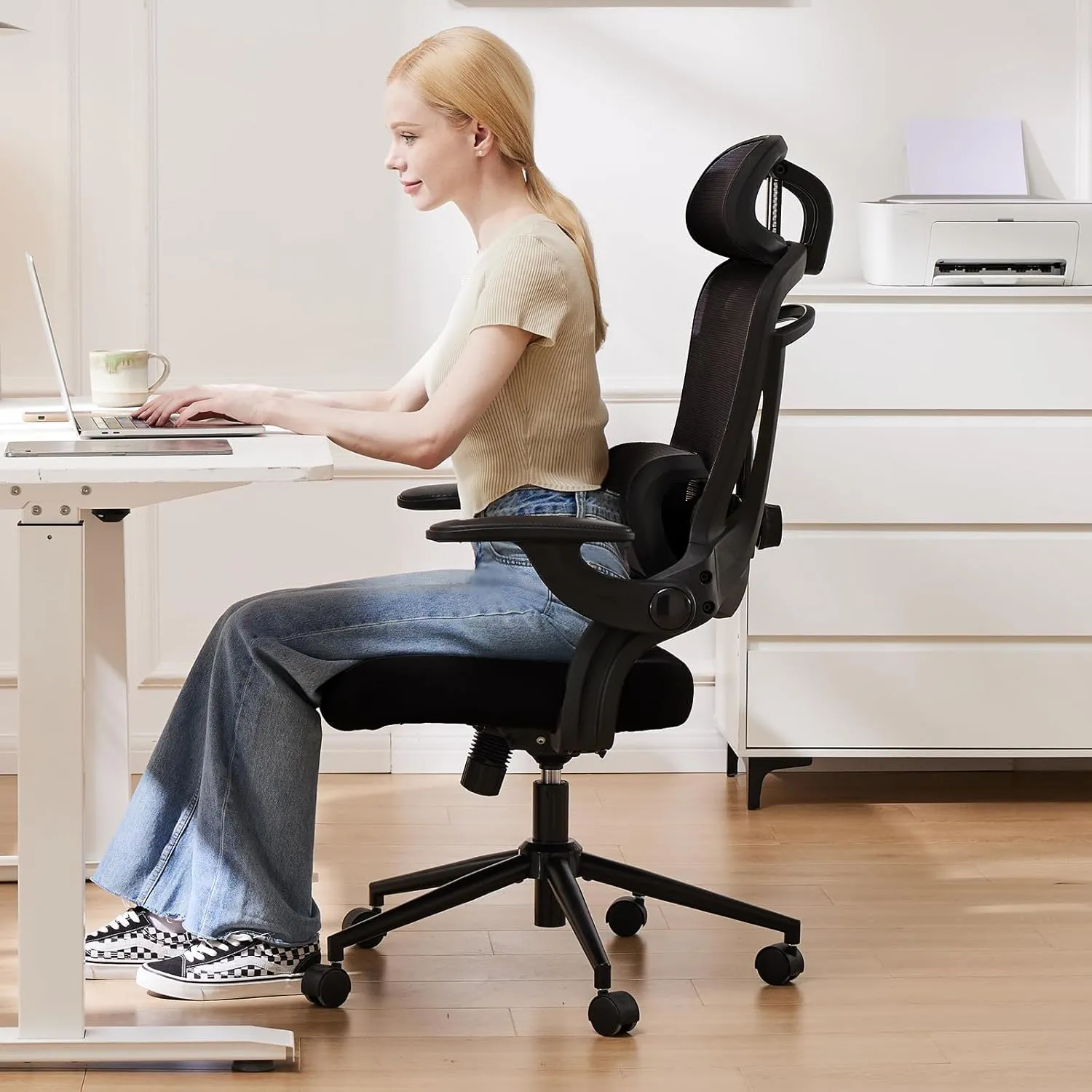 Sweetcrispy Ergonomic Mesh Office Chair, High Back with 2D Headrest, Up&Down Lumbar Support, Swivel Computer Task Desk Chairs with Adjustable Flip-up Armrests, Black