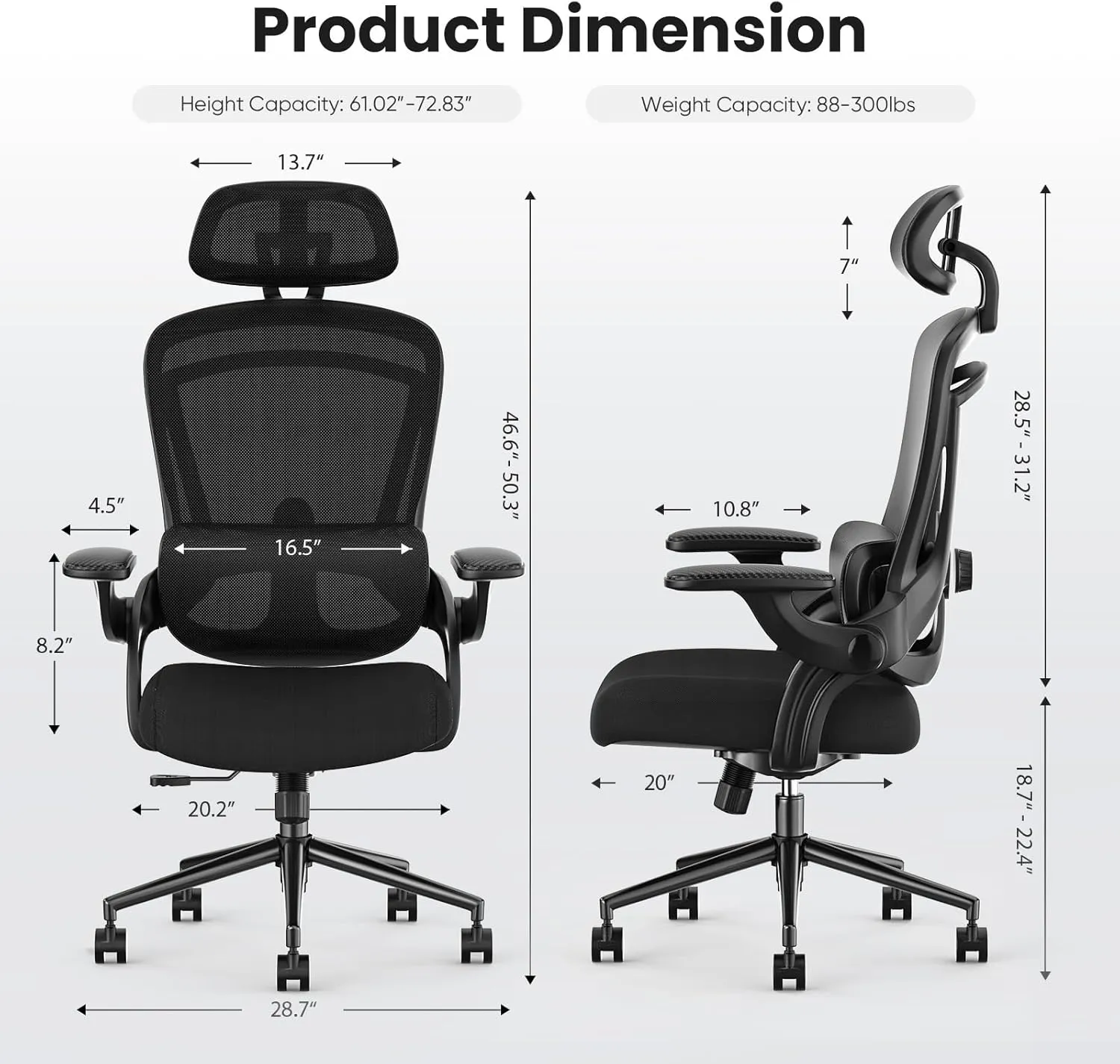 Sweetcrispy Ergonomic Mesh Office Chair, High Back with 2D Headrest, Up&Down Lumbar Support, Swivel Computer Task Desk Chairs with Adjustable Flip-up Armrests, Black