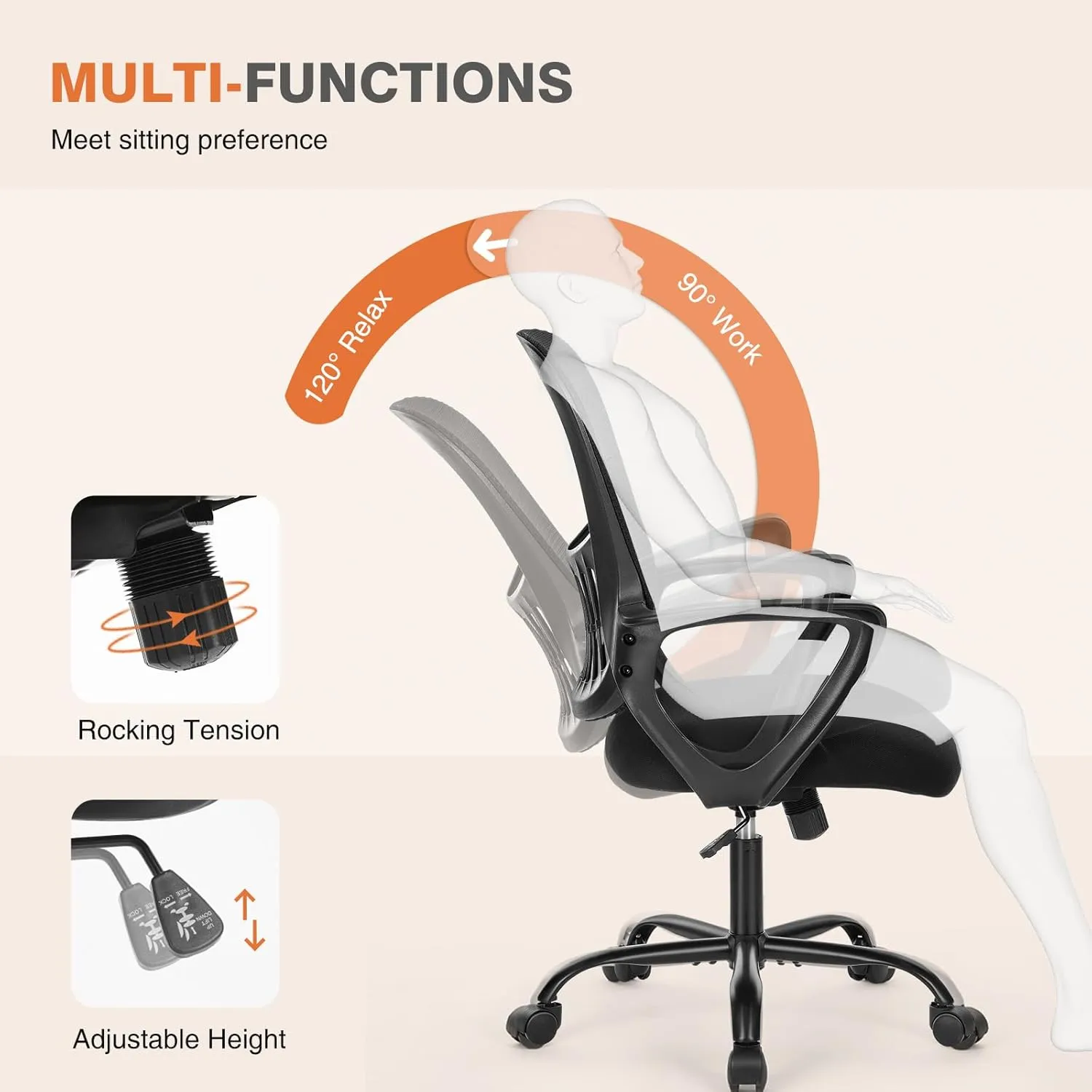 Sweetcrispy Home Office Computer Desk Chair, Managerial Executive Ergonomic Mid-Back Mesh Rolling Swivel Chair with Wheels, Comfortable Lumbar Support, Comfy Arms for Bedroom, Study, Student, Black