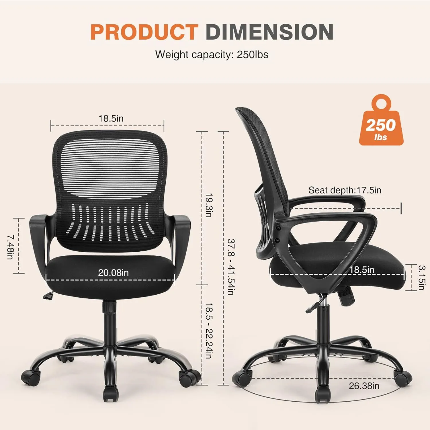 Sweetcrispy Home Office Computer Desk Chair, Managerial Executive Ergonomic Mid-Back Mesh Rolling Swivel Chair with Wheels, Comfortable Lumbar Support, Comfy Arms for Bedroom, Study, Student, Black