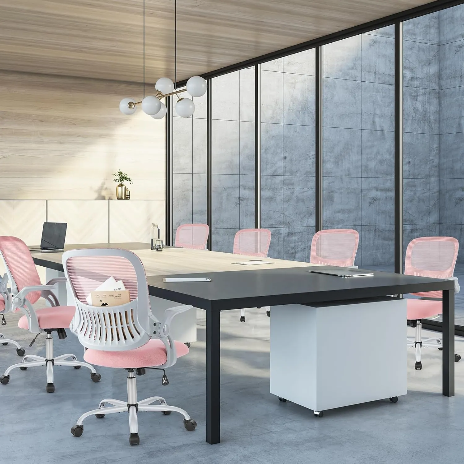 Sweetcrispy Office Computer Desk Chair, Ergonomic Mid-Back Mesh Rolling Work Swivel Task Chairs with Wheels, Comfortable Lumbar Support, Comfy Flip-up Arms for Home, Bedroom, Study, Student, Pink