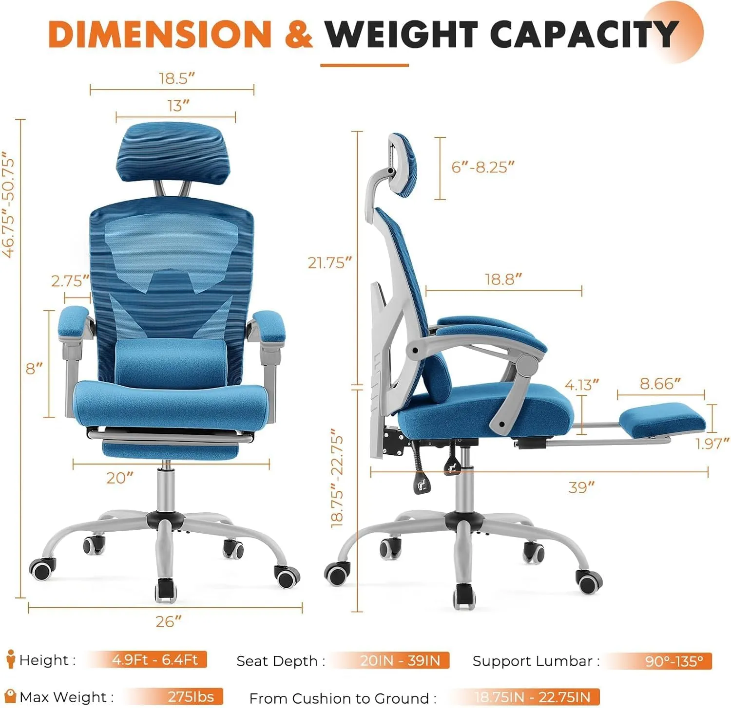 Sweetcrispy Office Computer Desk Chair with Footrest,Ergonomic High-Back Mesh Rolling Work Swivel Chairs with Wheels,Comfortable Lumbar Support,Comfy Arms for Home,Bedroom,Study,Student,Light Blue