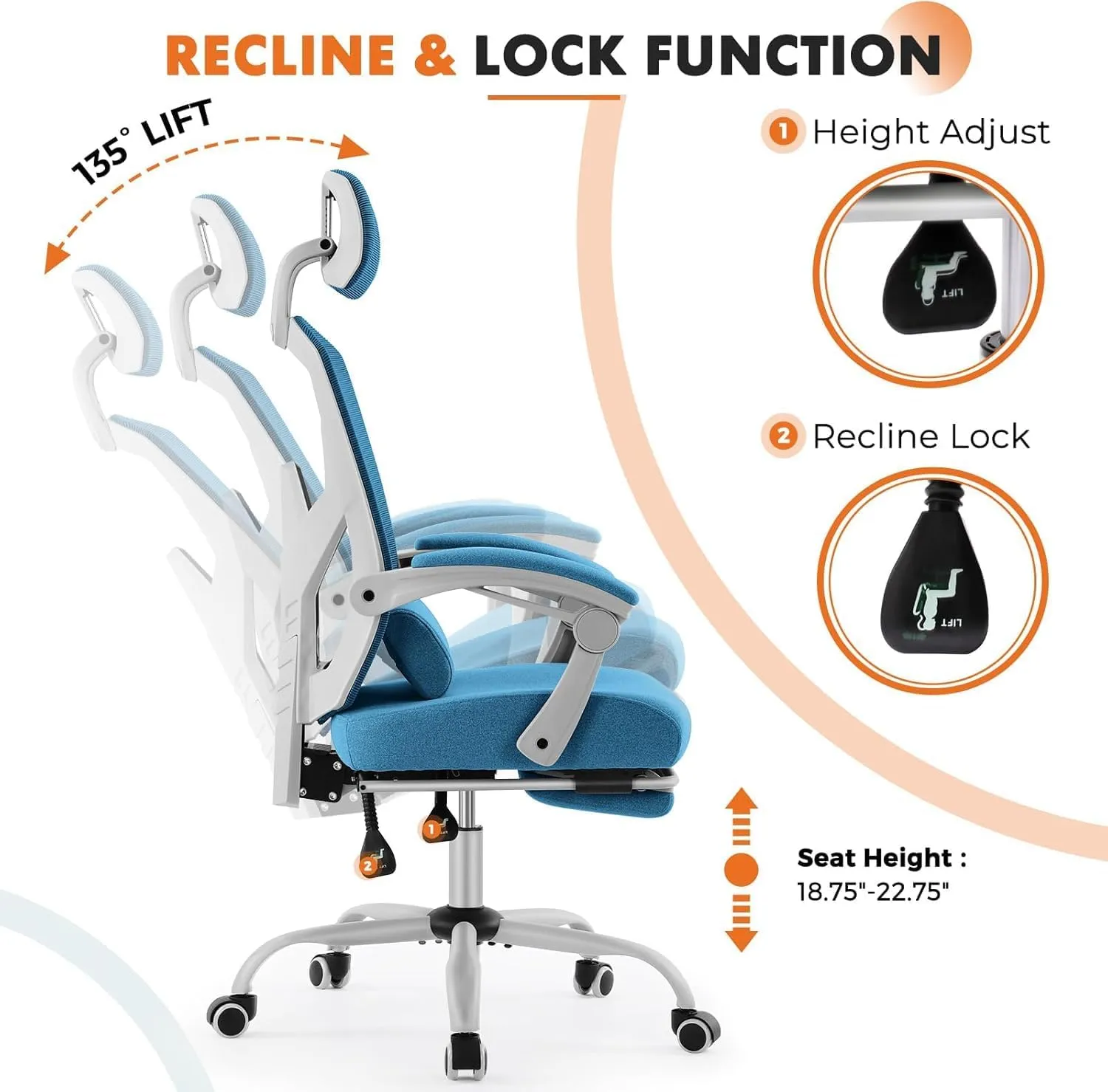 Sweetcrispy Office Computer Desk Chair with Footrest,Ergonomic High-Back Mesh Rolling Work Swivel Chairs with Wheels,Comfortable Lumbar Support,Comfy Arms for Home,Bedroom,Study,Student,Light Blue