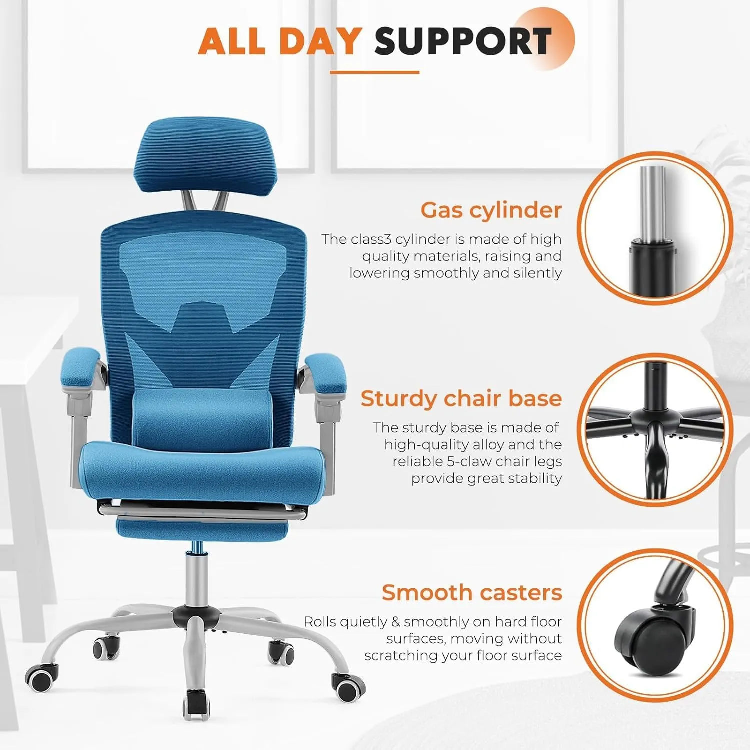 Sweetcrispy Office Computer Desk Chair with Footrest,Ergonomic High-Back Mesh Rolling Work Swivel Chairs with Wheels,Comfortable Lumbar Support,Comfy Arms for Home,Bedroom,Study,Student,Light Blue