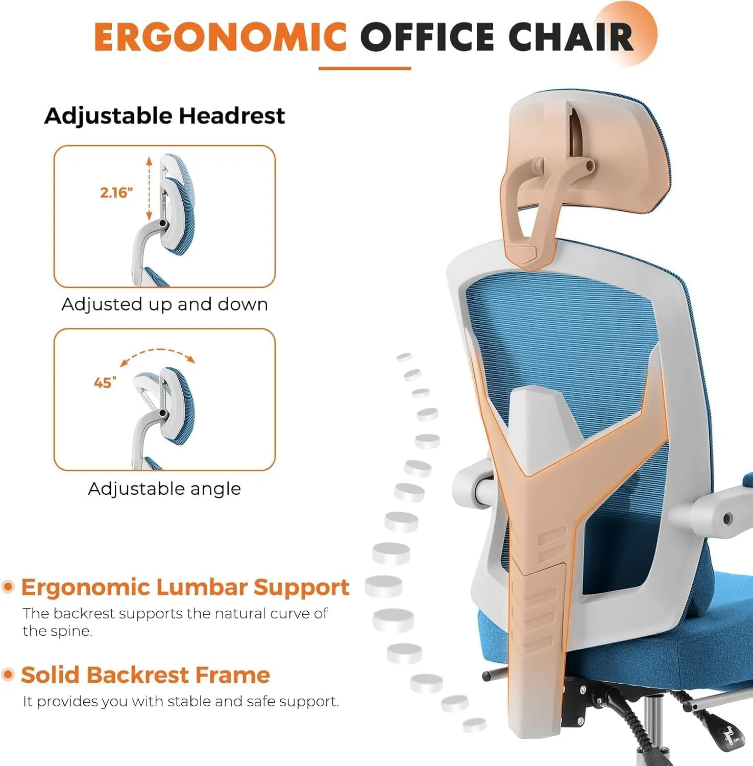 Sweetcrispy Office Computer Desk Chair with Footrest,Ergonomic High-Back Mesh Rolling Work Swivel Chairs with Wheels,Comfortable Lumbar Support,Comfy Arms for Home,Bedroom,Study,Student,Light Blue