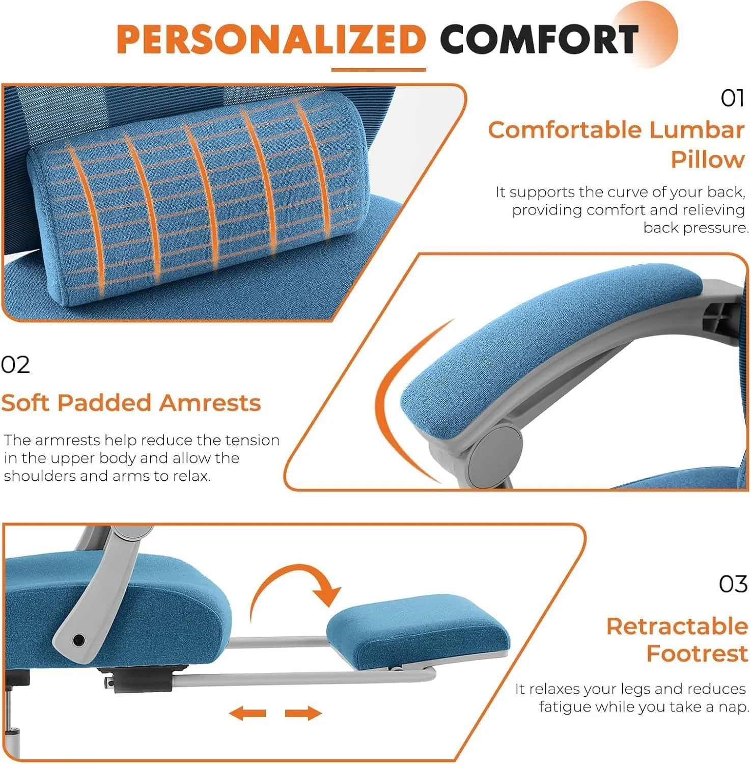 Sweetcrispy Office Computer Desk Chair with Footrest,Ergonomic High-Back Mesh Rolling Work Swivel Chairs with Wheels,Comfortable Lumbar Support,Comfy Arms for Home,Bedroom,Study,Student,Light Blue