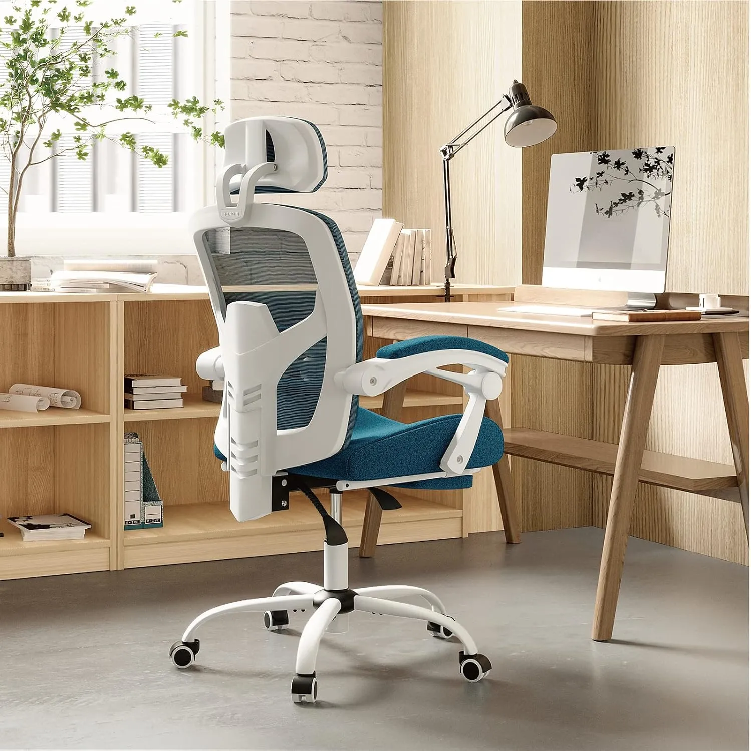 Sweetcrispy Office Computer Desk Chair with Footrest,Ergonomic High-Back Mesh Rolling Work Swivel Chairs with Wheels,Comfortable Lumbar Support,Comfy Arms for Home,Bedroom,Study,Student,Light Blue