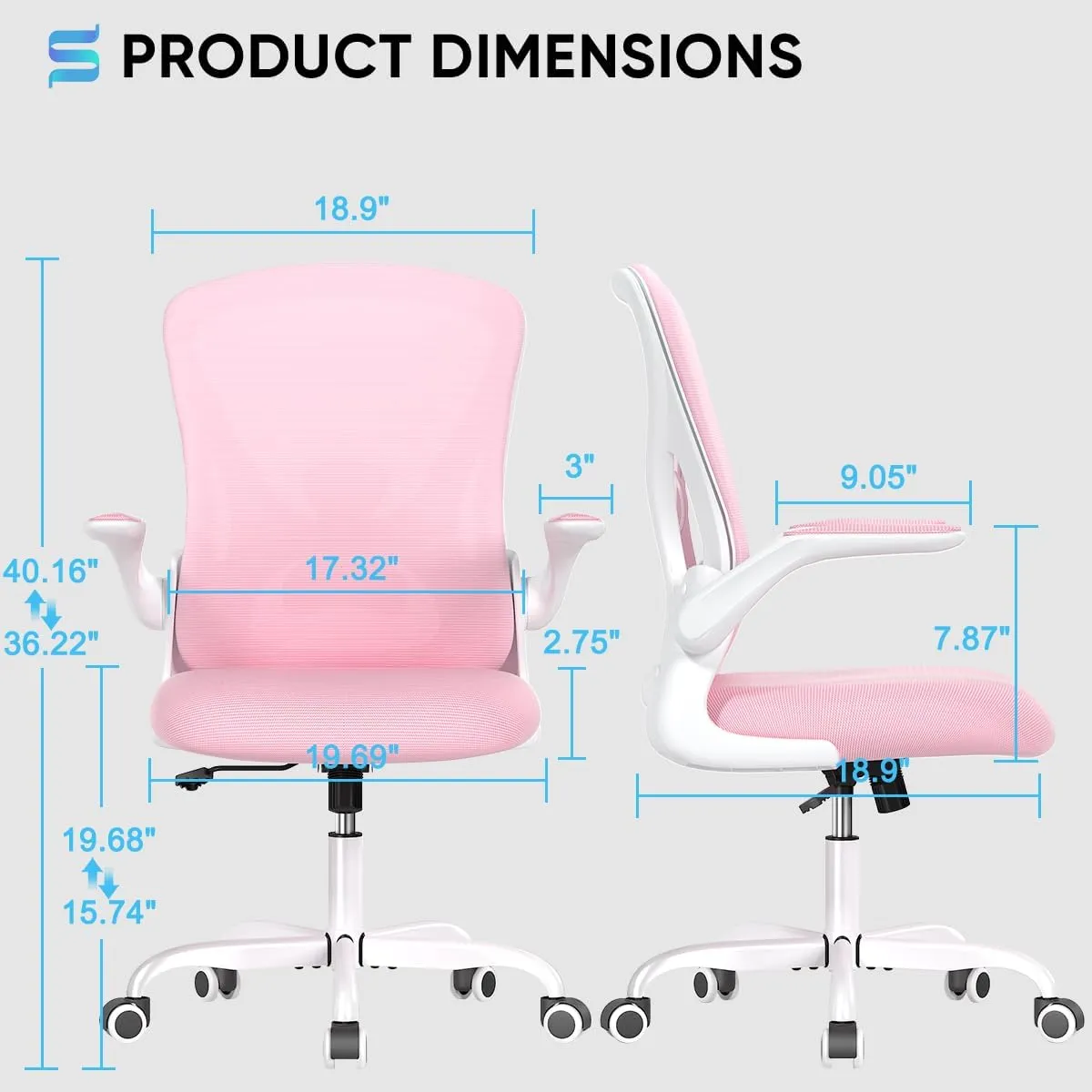 Sytas Ergonomic Desk Chair with Padded Flip up Arms and Supportive Lumbar Support, Breathable Mesh Home Office Chair with Comfortable Cushion for Home or Office(Pink)