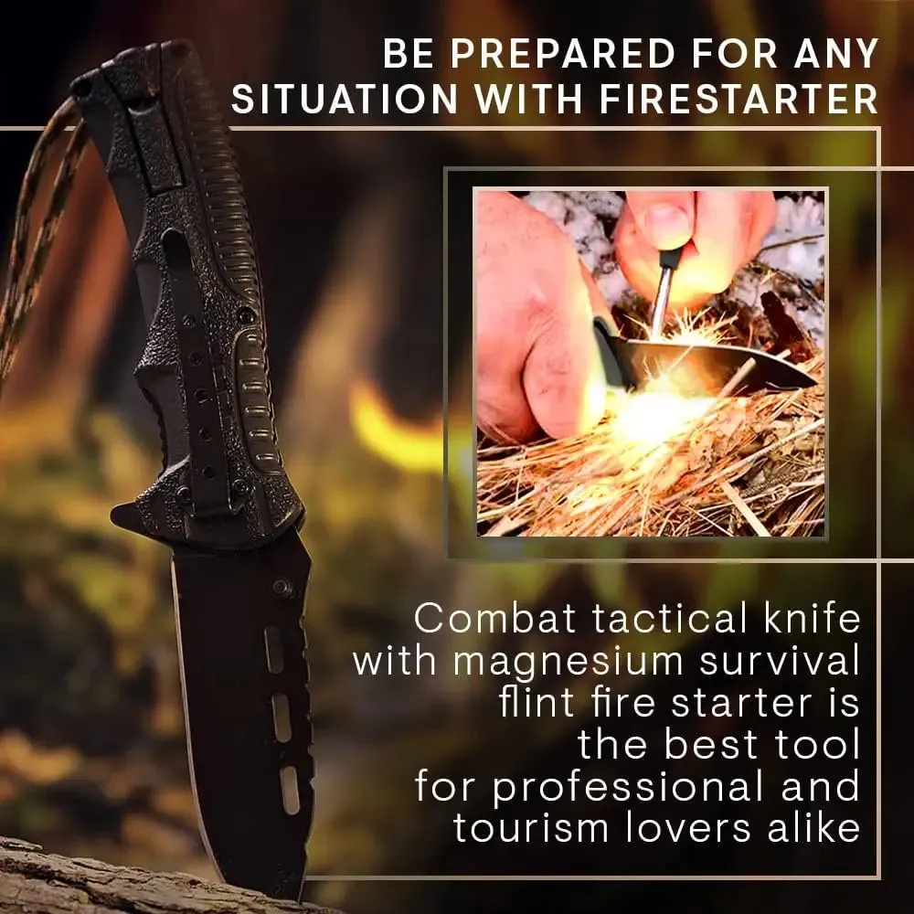 Tactical Folding Knife with Paracord, Whistle & Fire starter