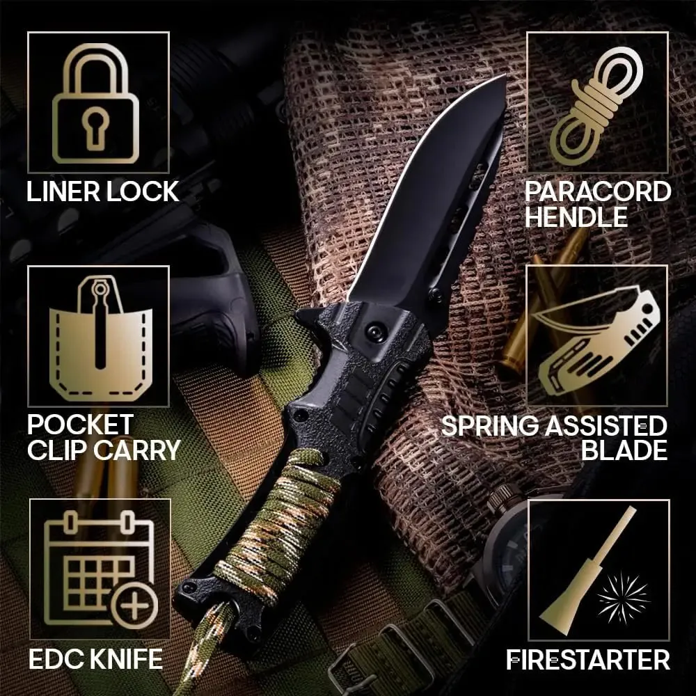 Tactical Folding Knife with Paracord, Whistle & Fire starter