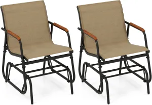 Tangkula Patio Glider Chair, Swing Gliding Armchair w/Curved Teak Armrests & Breathable Fabric Seat, Outdoor Metal Frame Rocking Chair Set for Porch, Backyard, Poolside (2 Pack)