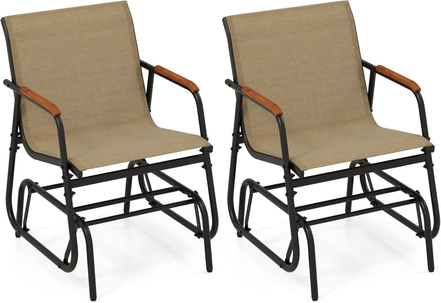 Tangkula Patio Glider Chair, Swing Gliding Armchair w/Curved Teak Armrests & Breathable Fabric Seat, Outdoor Metal Frame Rocking Chair Set for Porch, Backyard, Poolside (2 Pack)