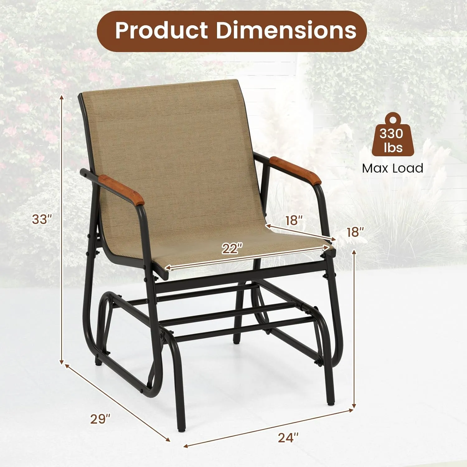Tangkula Patio Glider Chair, Swing Gliding Armchair w/Curved Teak Armrests & Breathable Fabric Seat, Outdoor Metal Frame Rocking Chair Set for Porch, Backyard, Poolside (2 Pack)