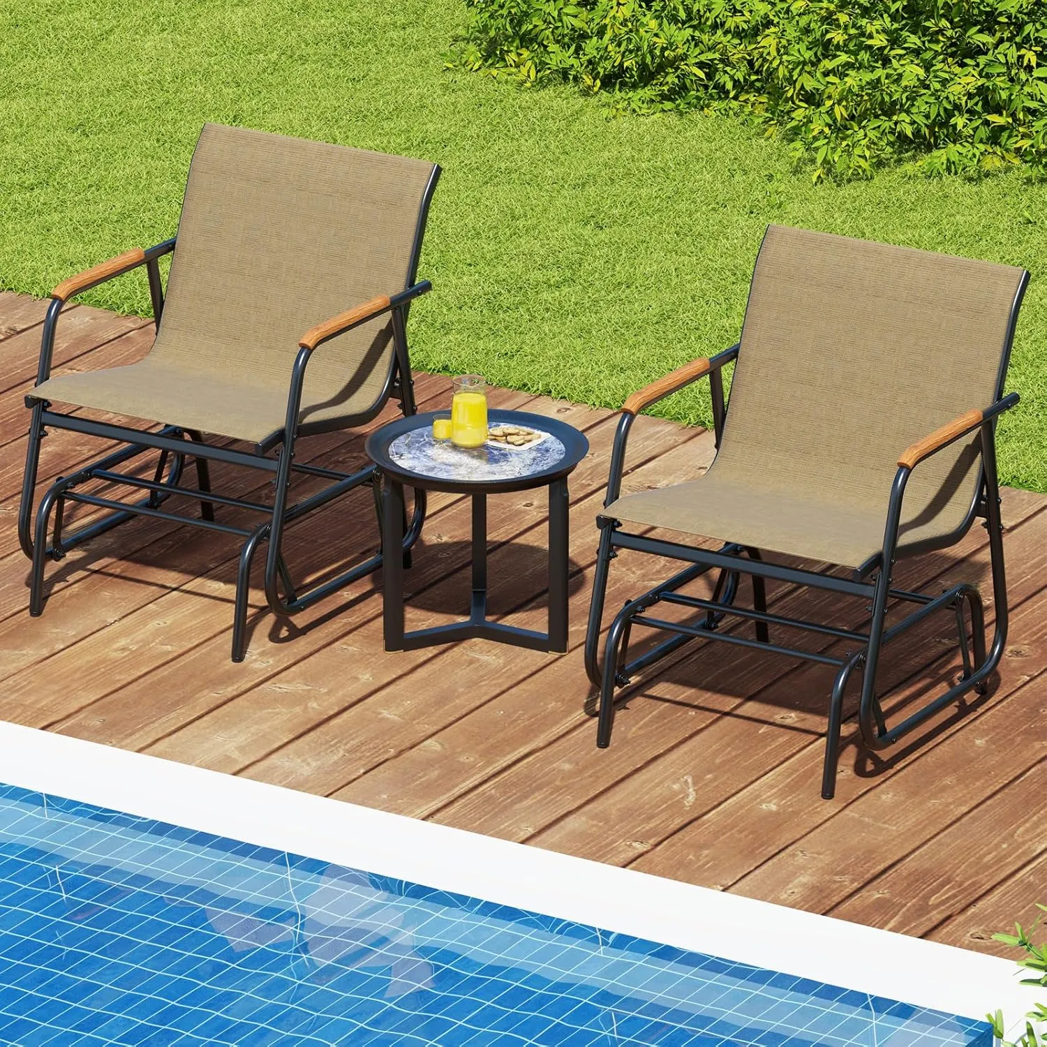 Tangkula Patio Glider Chair, Swing Gliding Armchair w/Curved Teak Armrests & Breathable Fabric Seat, Outdoor Metal Frame Rocking Chair Set for Porch, Backyard, Poolside (2 Pack)