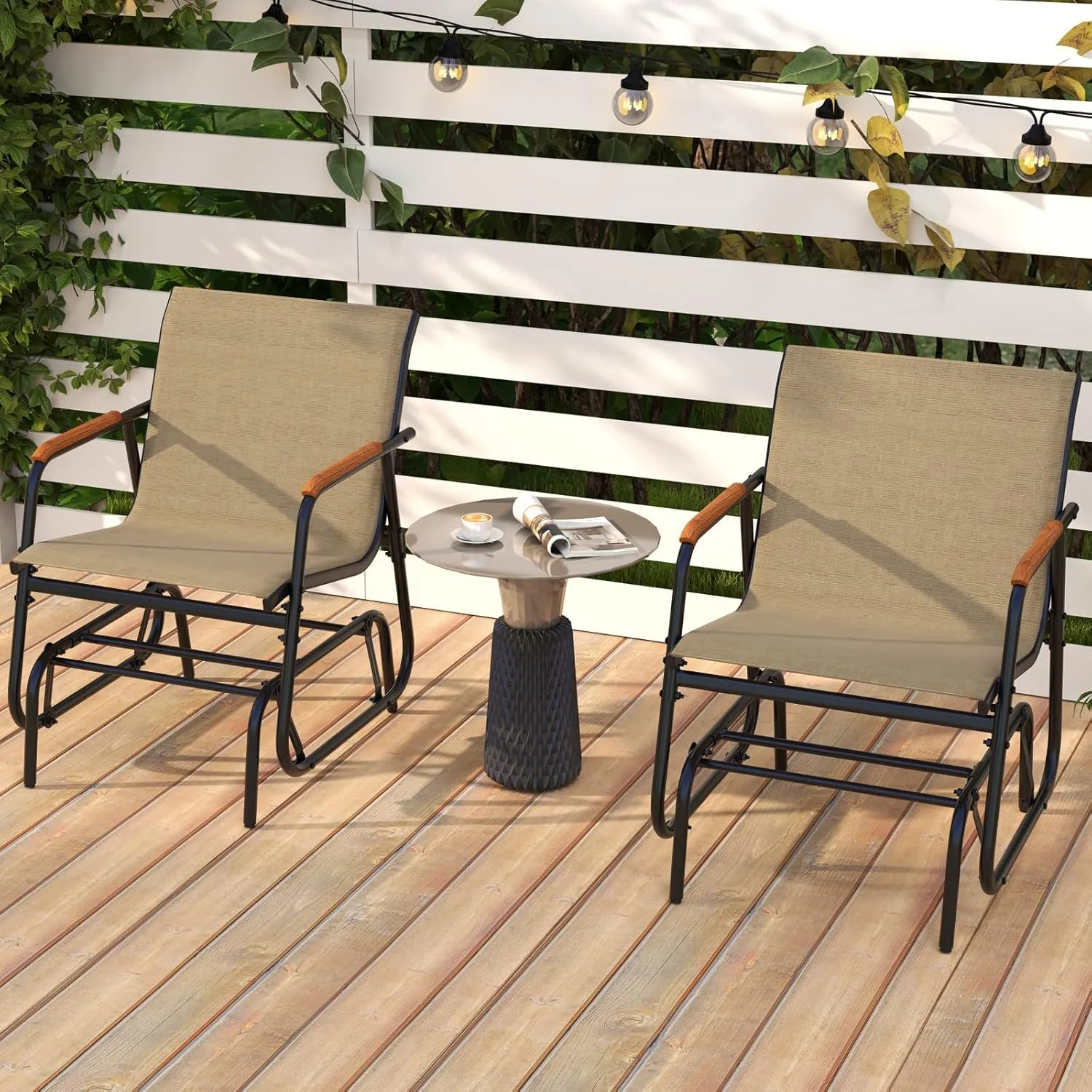 Tangkula Patio Glider Chair, Swing Gliding Armchair w/Curved Teak Armrests & Breathable Fabric Seat, Outdoor Metal Frame Rocking Chair Set for Porch, Backyard, Poolside (2 Pack)