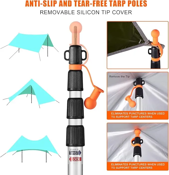 Telescoping Tarp Poles, CAMULAND Tent Poles for Tarp Camping Gear Accessories Stakes Hammock Rain Fly Adjustable Lightweight Aluminum Set of 34.5" - 110.2" Hiking, Awning/Outdoor with Carry Bag