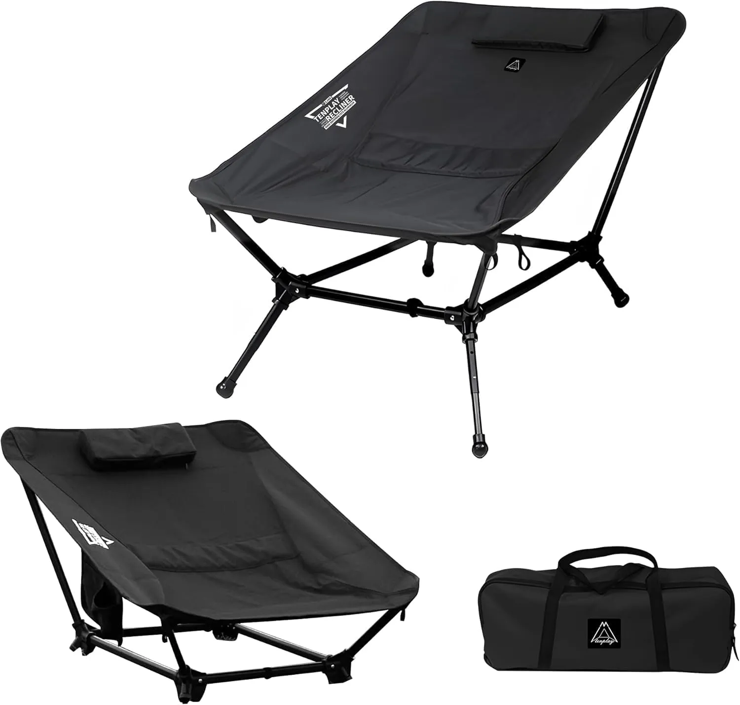 TENPLAY Reclining Chair,Lighweight Foldable Camping Chair,Backpacking,Ultralight,5-Way,Adjustable Height,with Pillow,with carrybag for Hiking,Fishing,Mountaineering,Large Capacity, (Black)