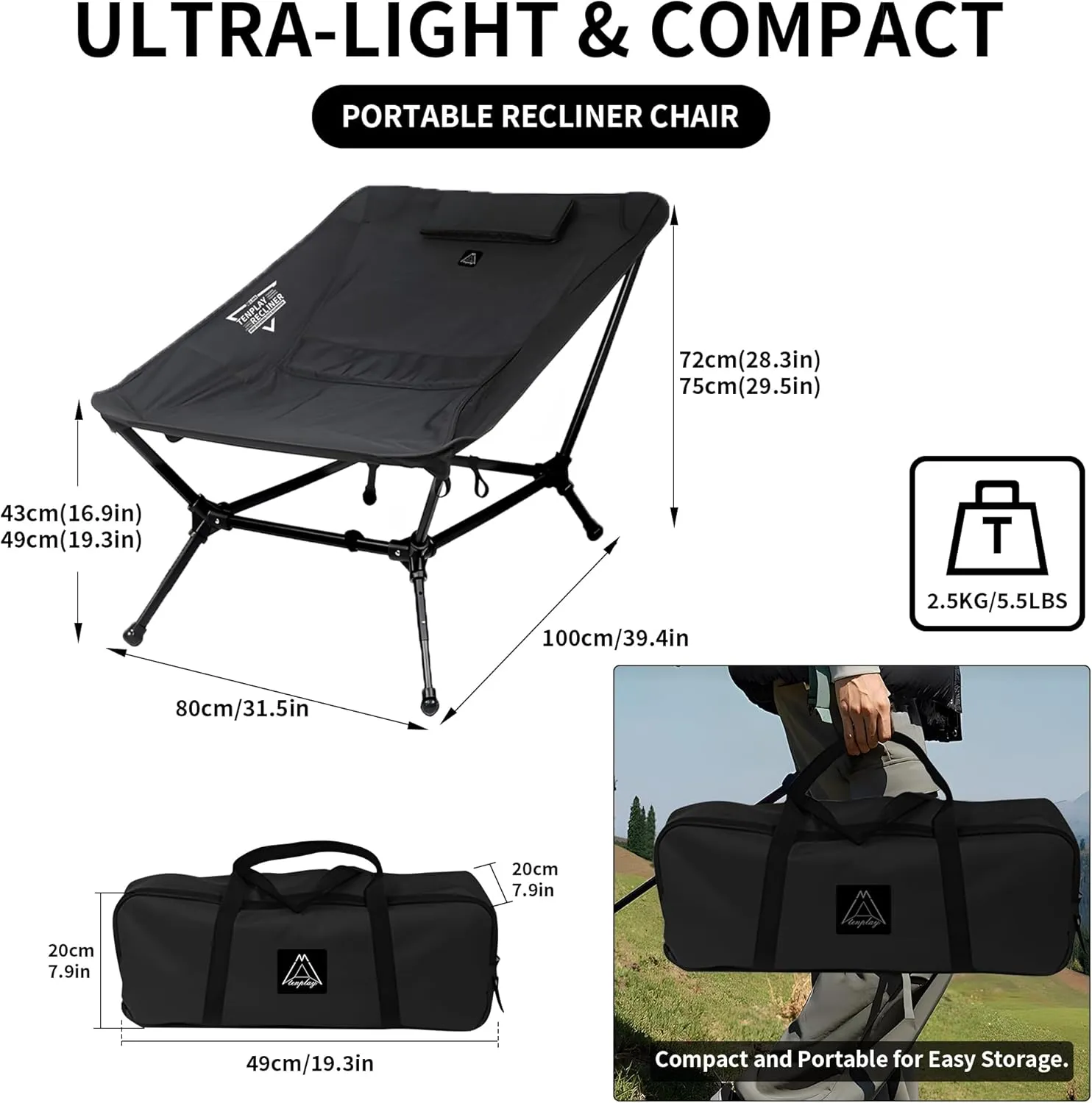 TENPLAY Reclining Chair,Lighweight Foldable Camping Chair,Backpacking,Ultralight,5-Way,Adjustable Height,with Pillow,with carrybag for Hiking,Fishing,Mountaineering,Large Capacity, (Black)