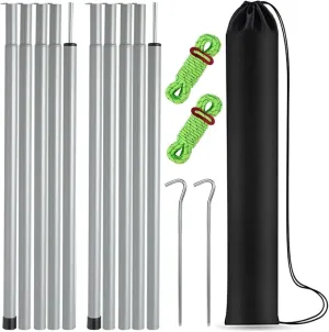 Tent Poles Adjustable Tarp Poles Steel Rods for Tarp Canopy Camping Replacement Set of 2  Pegs & Reflective Ropes