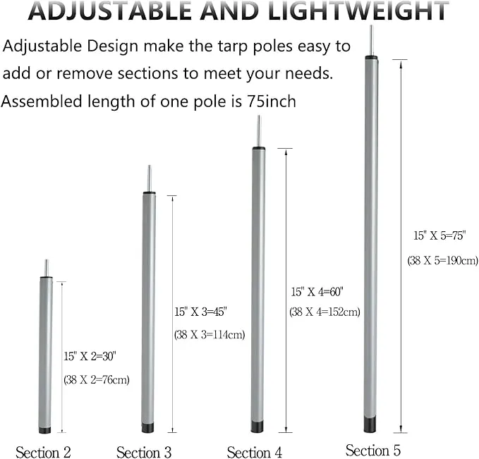 Tent Poles Adjustable Tarp Poles Steel Rods for Tarp Canopy Camping Replacement Set of 2  Pegs & Reflective Ropes