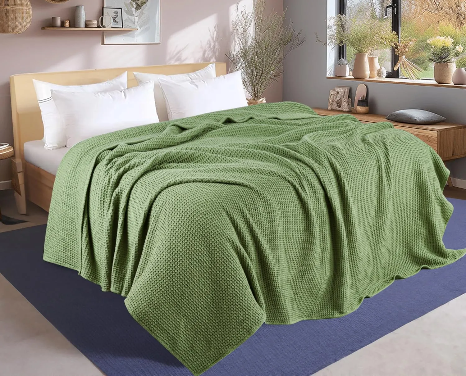 Tex Trend 100% Cotton Blanket – Soft and Breathable Twin XL Waffle Blankets – All Season Comfort – Suitable for Bed Layering, Sofa, Couch and Chair - Sage Green (60”x90”)