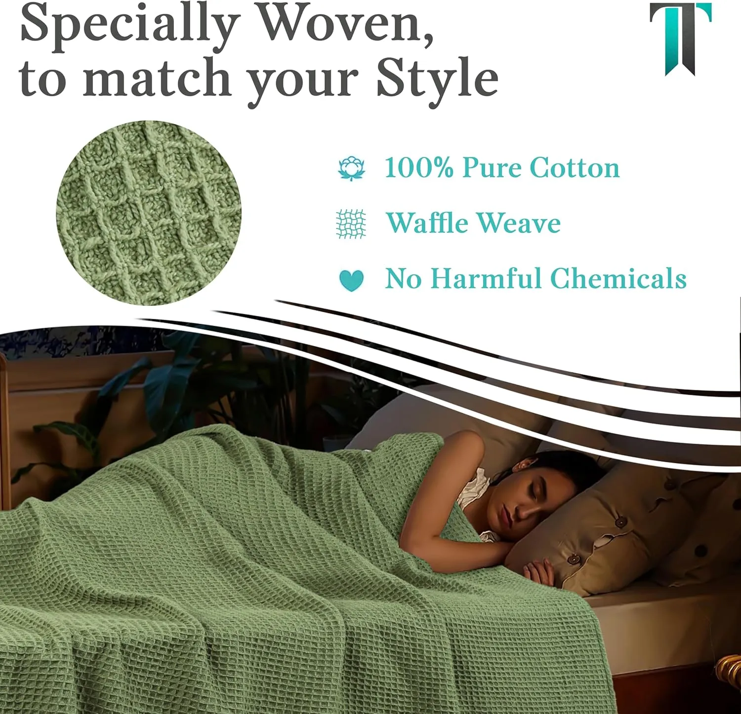 Tex Trend 100% Cotton Blanket – Soft and Breathable Twin XL Waffle Blankets – All Season Comfort – Suitable for Bed Layering, Sofa, Couch and Chair - Sage Green (60”x90”)