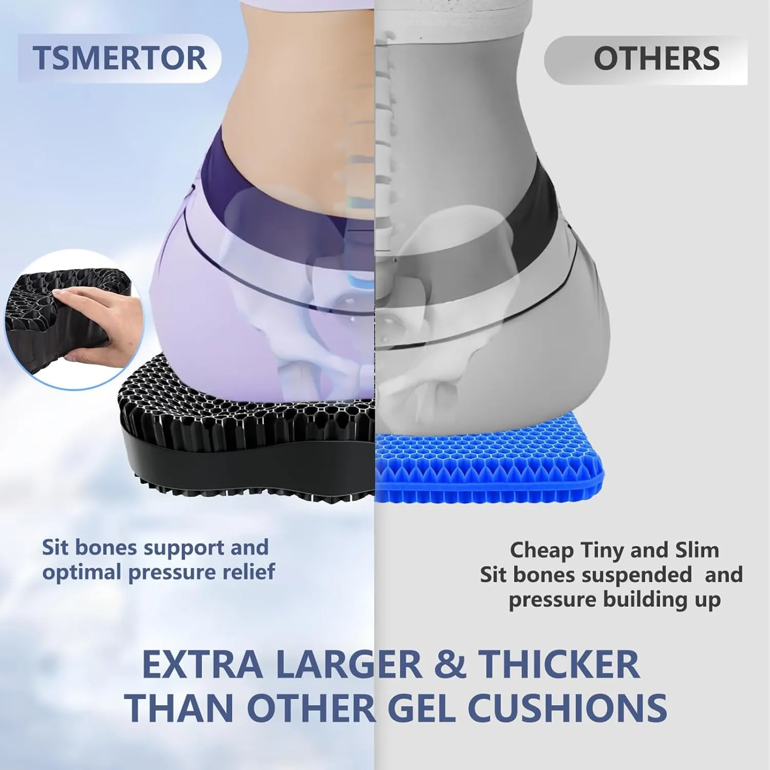 Thicker Seat Cushion for Office Chair, Big Gel Seat Cushion for Long Sitting, Support for Sciatica & Back Pain Relief, Breathable Chair Seat Pads Egg Wheelchair Cushion for Home Car Kayak Stadium