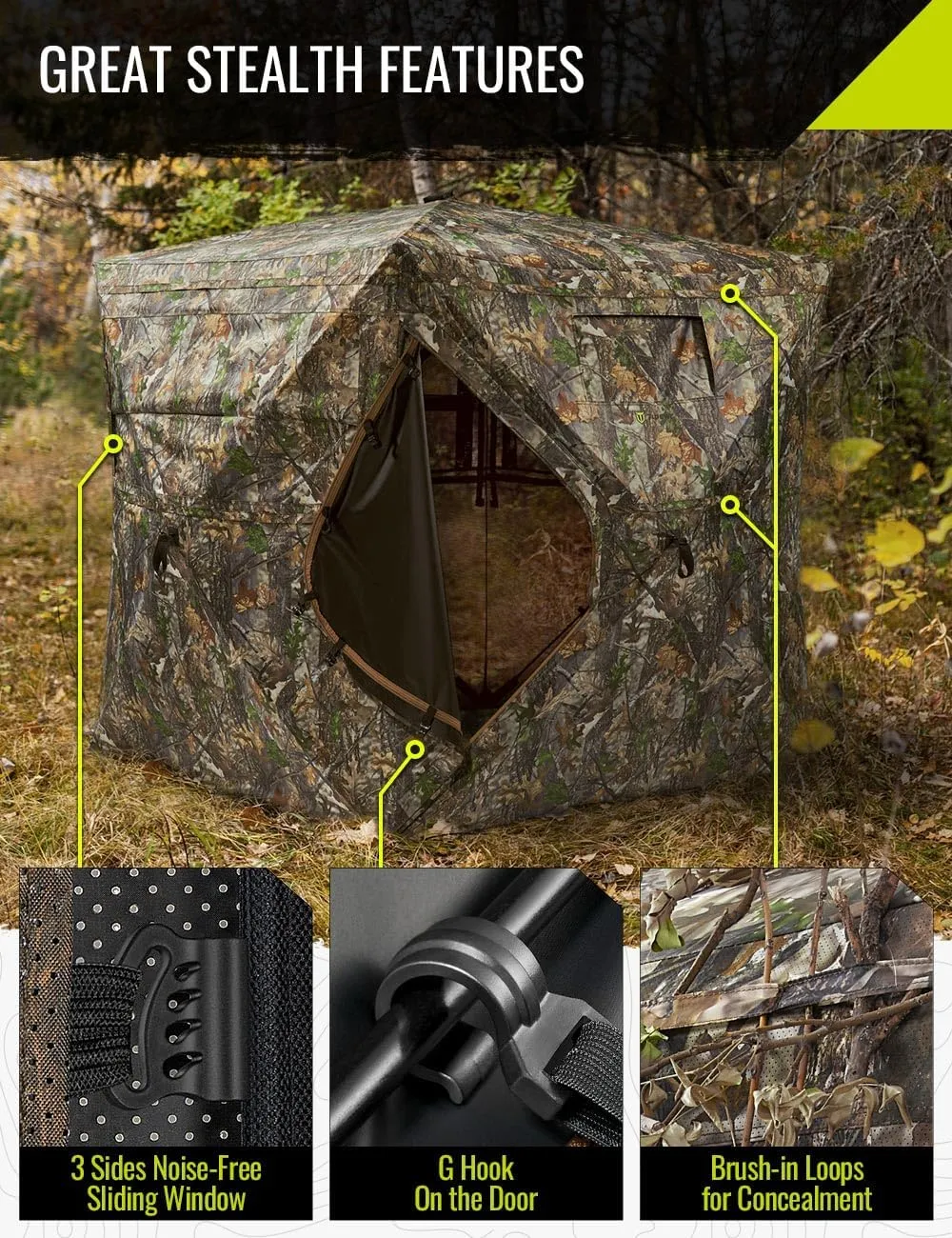 TIDEWE Hunting Blind See Through with Carrying Bag, 3-4 Person Pop Up Ground Blinds 270 Degree, 300D Portable Resilient Hunting Tent(Camouflage)