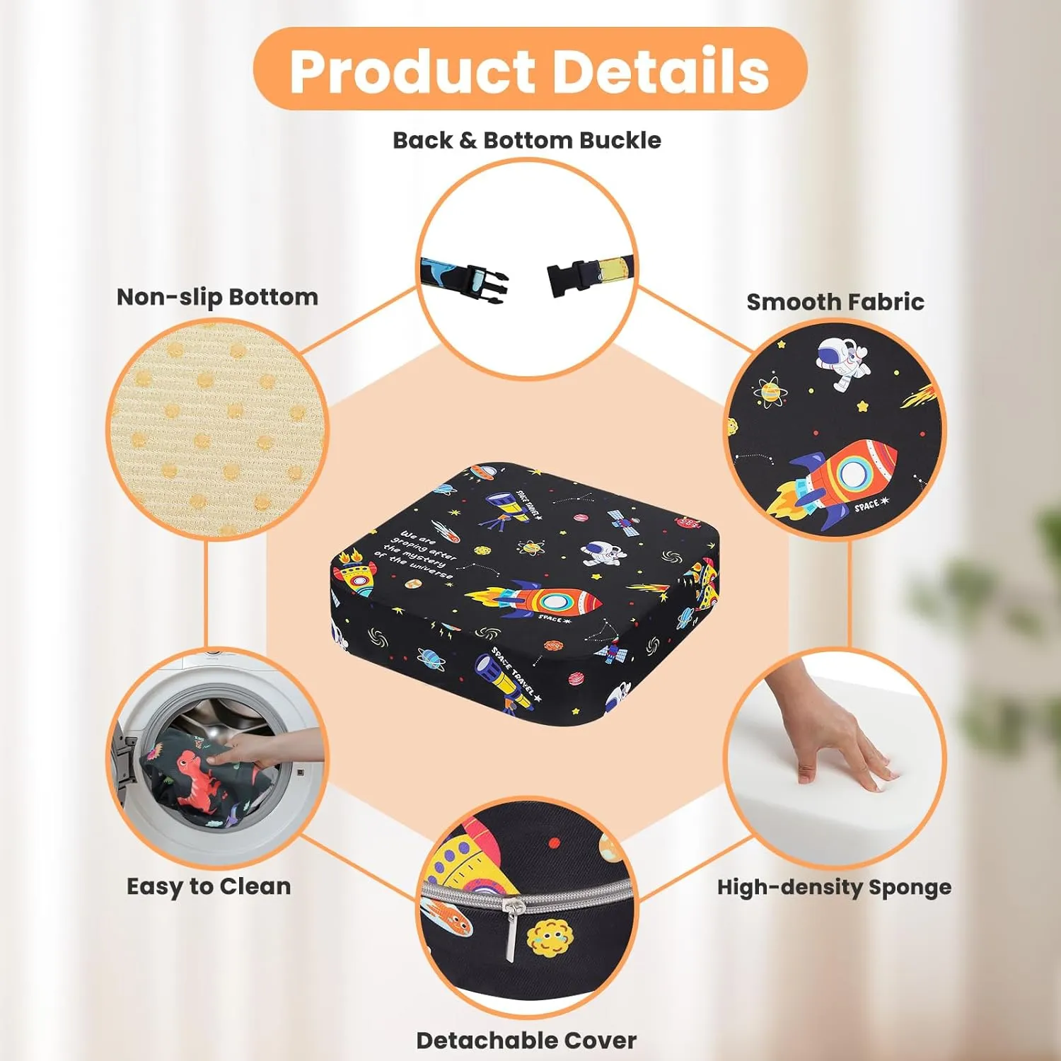 Toddler Booster Seat for Dining Table, Kids Booster Seat for Kitchen Chair with Non-Slip Bottom, Portable Detachable Washable Increasing Cushion with 2 Adjustable Straps (Universe)