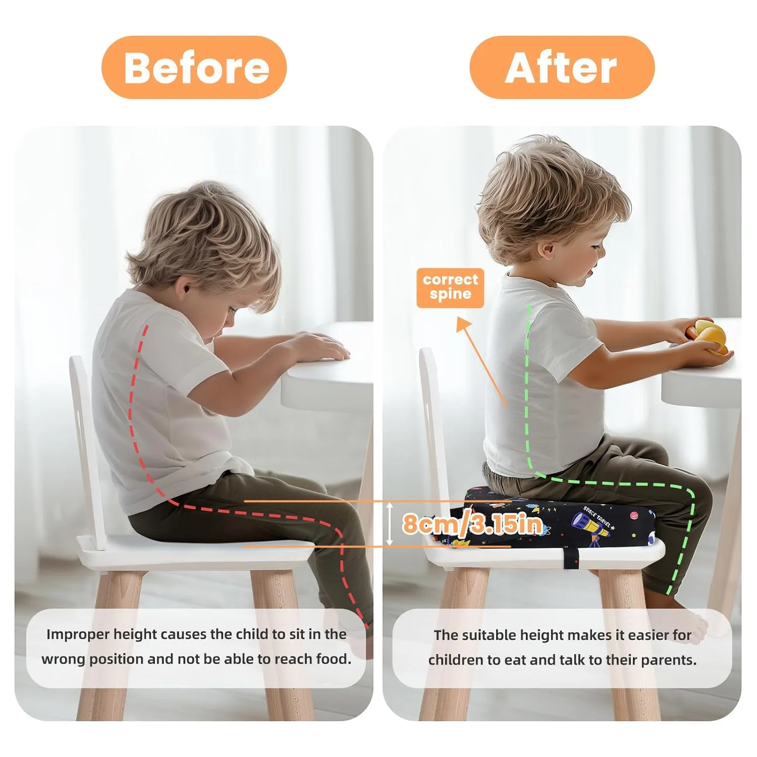 Toddler Booster Seat for Dining Table, Kids Booster Seat for Kitchen Chair with Non-Slip Bottom, Portable Detachable Washable Increasing Cushion with 2 Adjustable Straps (Universe)