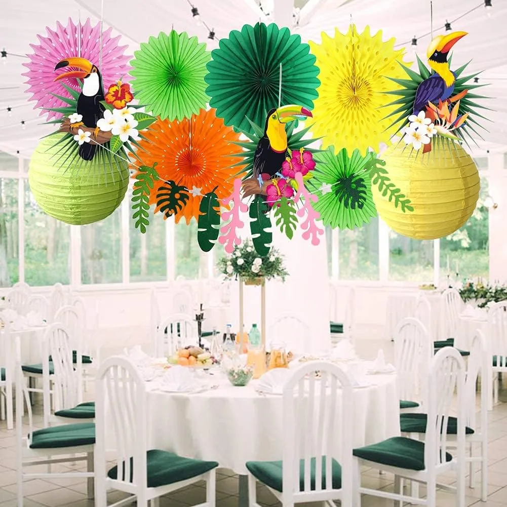Tropical Bird Toucan Leaf Garland Party Kit for Summer Hawaiian Luau Tiki Tropical Jungle Themed Party Decorations Luau Party Supplies Decor with Paper Palm Leaves Paper Fan Paper Lanterns