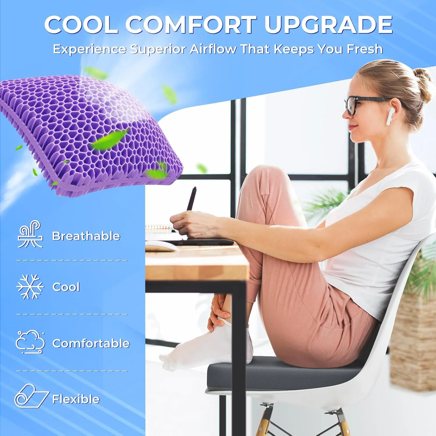 TushGuard Gel Seat Cushion for Long Sitting, Enlarged & Thickened Patent Design Office Chair Cushion, Breathable Cooling Seat Cushions for Office Chairs, Soft Car Seat Cushion for Wheelchair(Large)