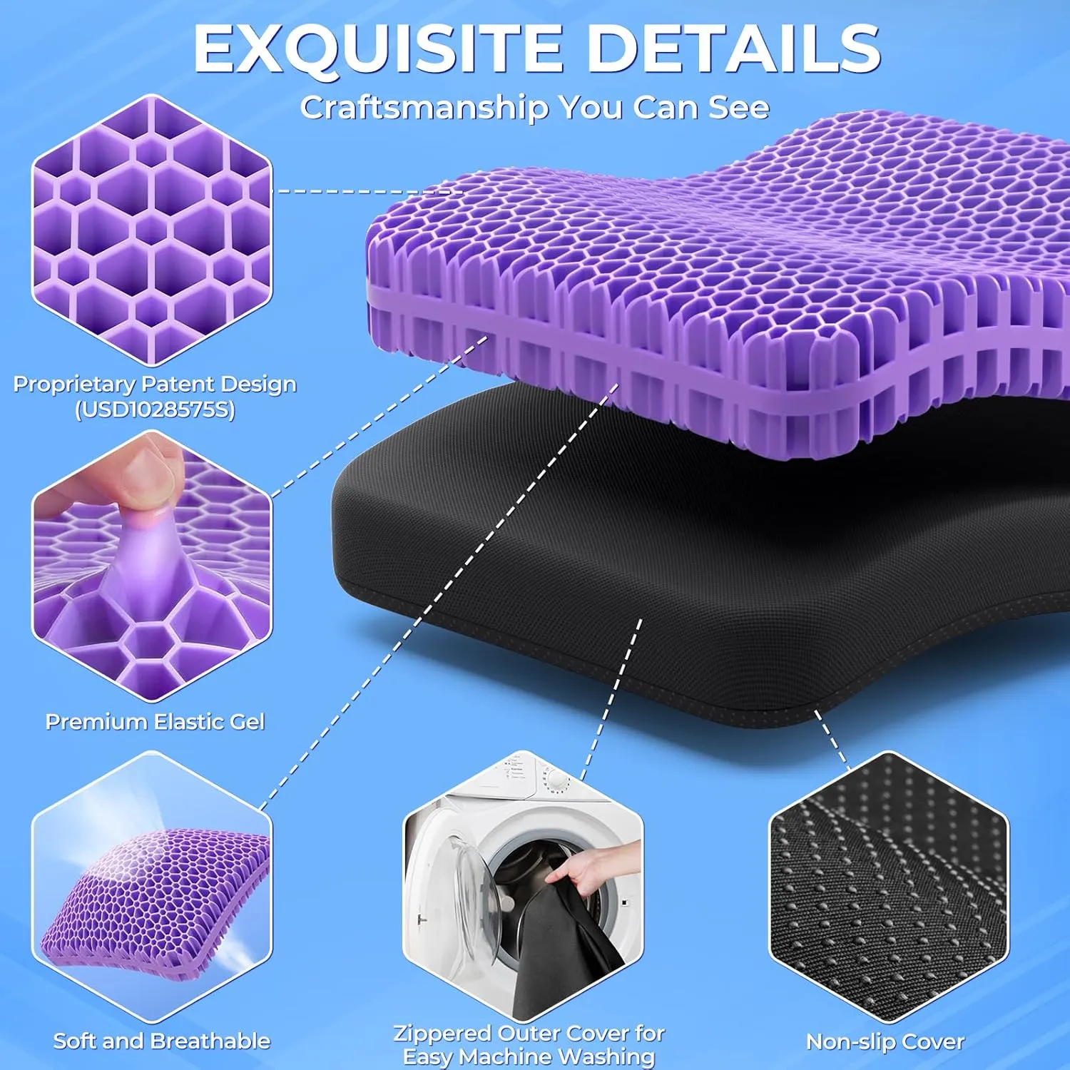 TushGuard Gel Seat Cushion for Long Sitting, Enlarged & Thickened Patent Design Office Chair Cushion, Breathable Cooling Seat Cushions for Office Chairs, Soft Car Seat Cushion for Wheelchair(Large)