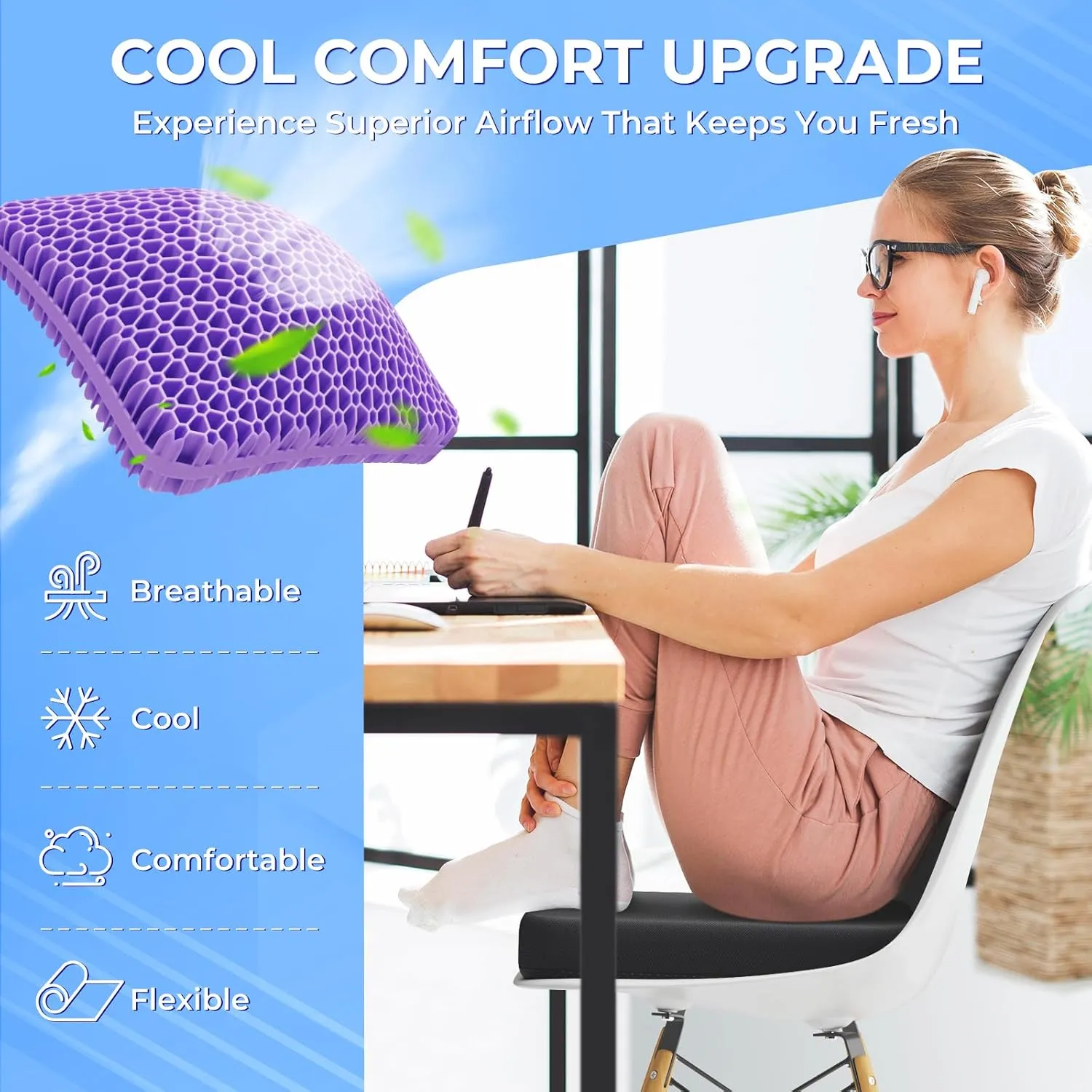 TushGuard Gel Seat Cushion for Long Sitting, Enlarged & Thickened Patent Design Office Chair Cushion, Breathable Cooling Seat Cushions for Office Chairs, Soft Car Seat Cushion for Wheelchair(Large)