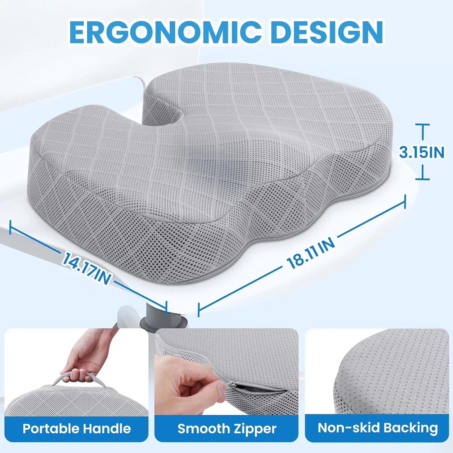 TushGuard Office/Car Seat Cushion, Non-Slip Sciatica & Back Coccyx Tailbone Pain Relief Chair Pad, Memory Foam Butt Pillow for Computer Desk, Wheelchair, Driving (Light Grey)