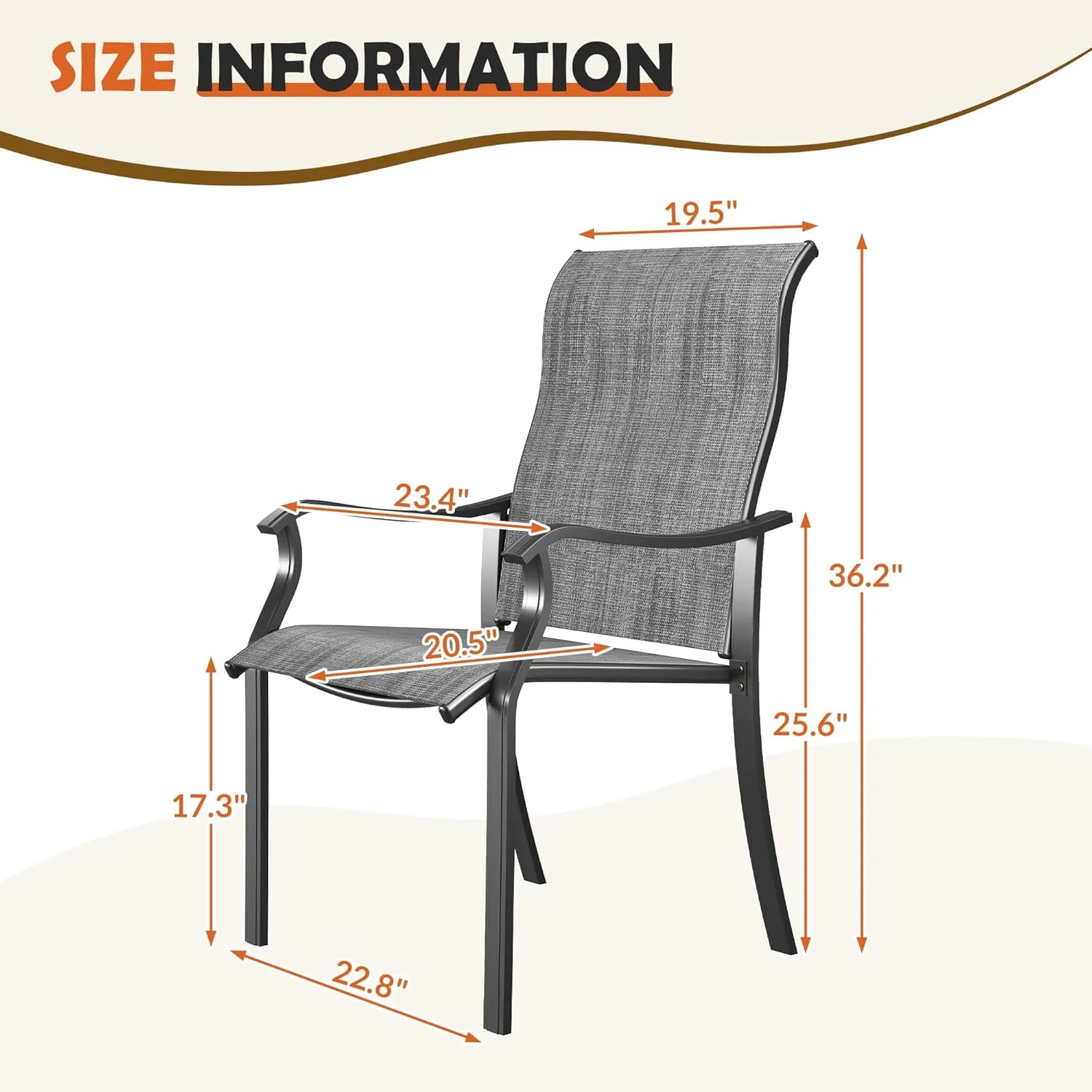 UDPATIO Patio Dining Chairs Set of 6, High Back Wide Seat Outdoor Furniture Chairs with All Weather Breathable Textilene, for Lawn Garden Backyard, Dark Grey