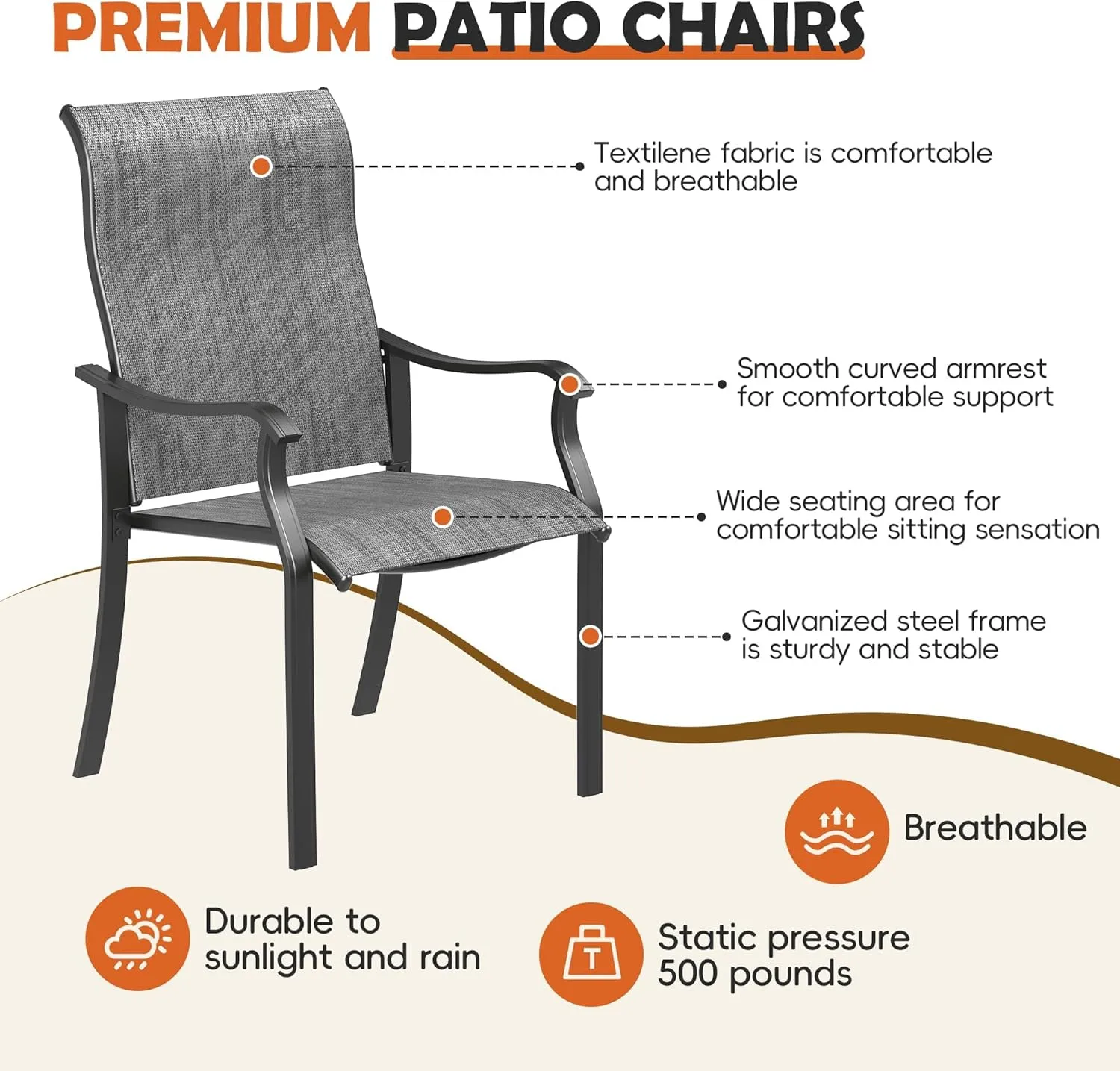 UDPATIO Patio Dining Chairs Set of 6, High Back Wide Seat Outdoor Furniture Chairs with All Weather Breathable Textilene, for Lawn Garden Backyard, Dark Grey