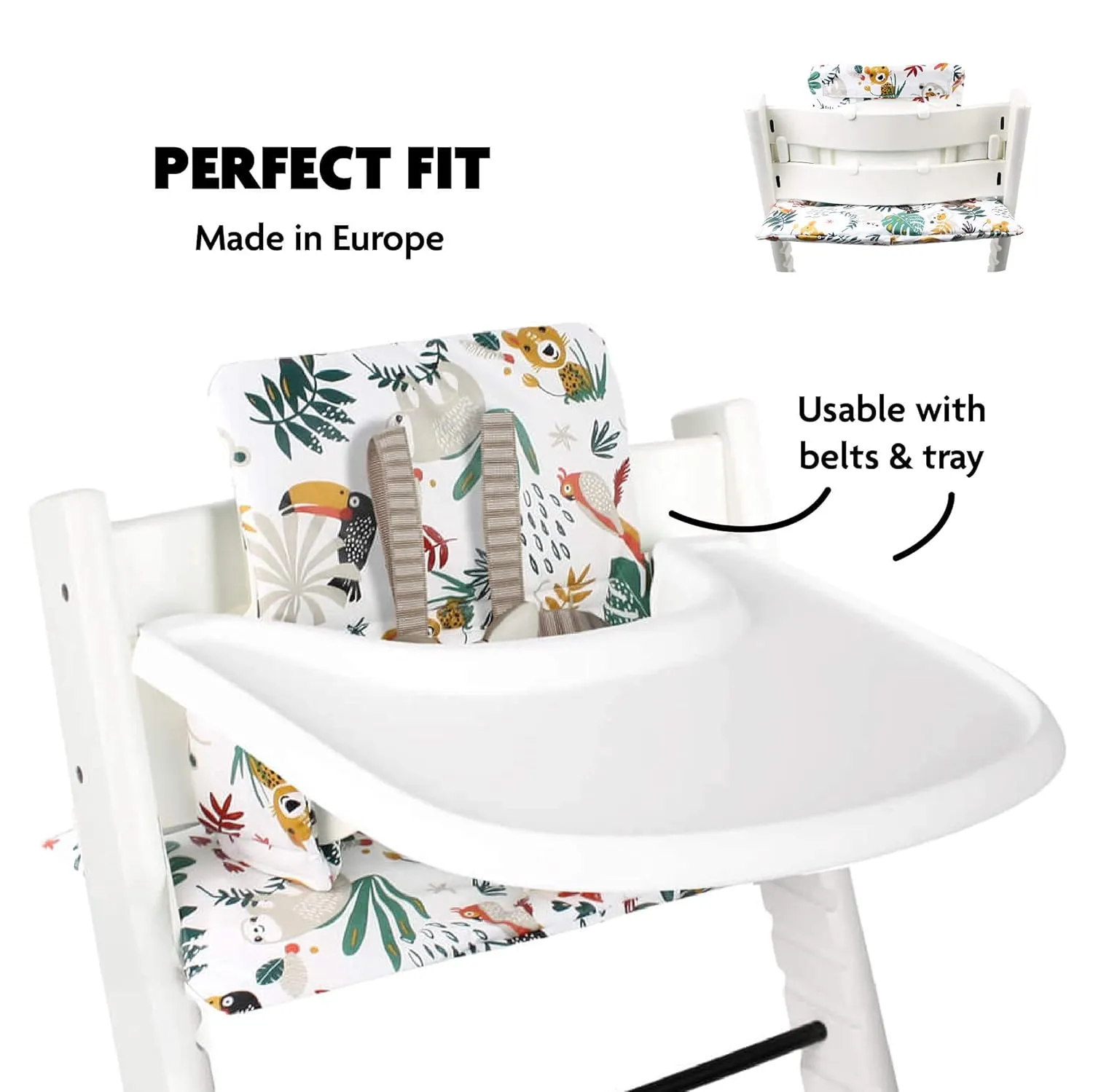 UKJE Cushion Compatible with Stokke Tripp Trapp - Soft Seat Cushion for Infants, Babies & Toddlers, High Chair Accessories, Cotton Fabric Insert, Easy to Install, Handmade in Europe (White Monkey)