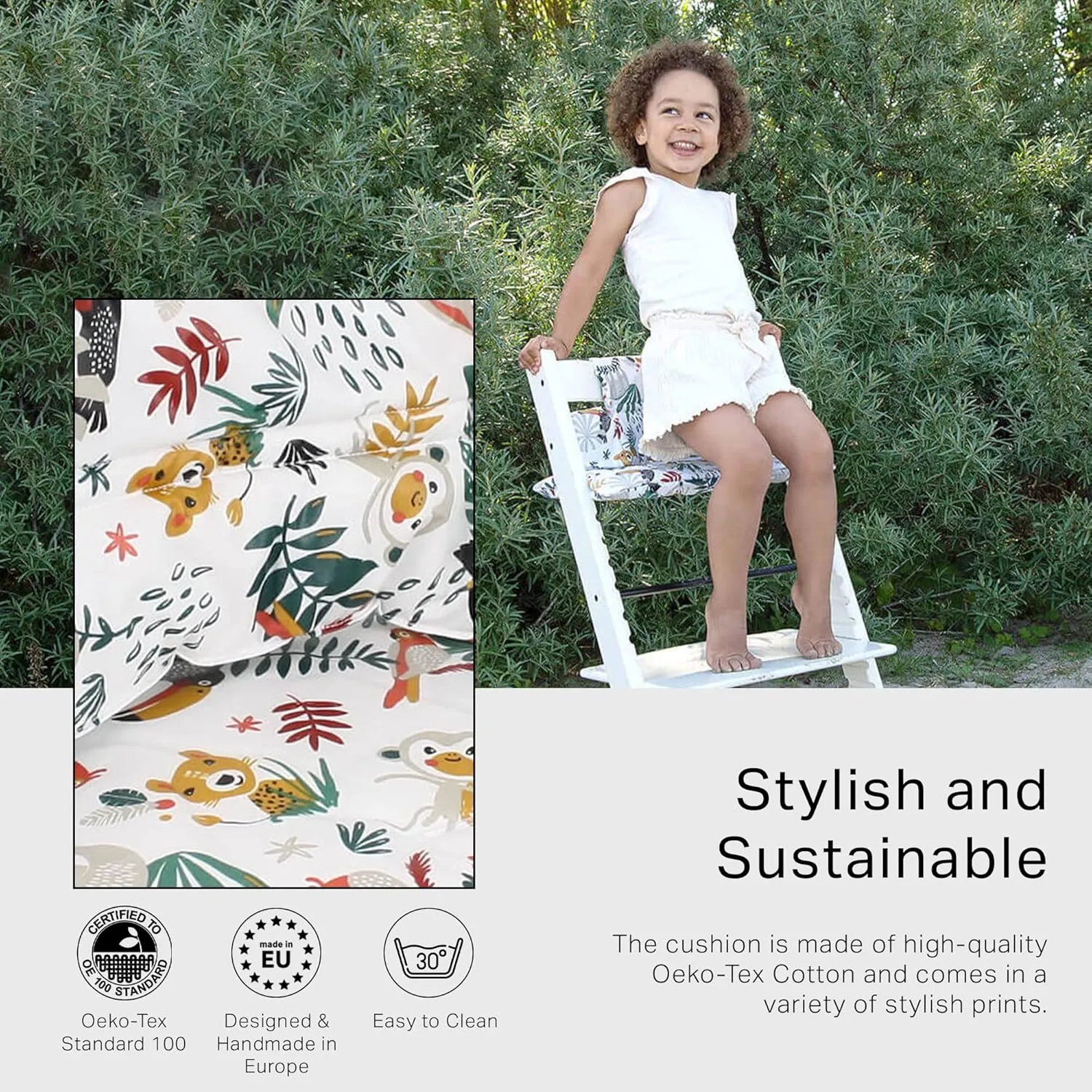 UKJE Cushion Compatible with Stokke Tripp Trapp - Soft Seat Cushion for Infants, Babies & Toddlers, High Chair Accessories, Cotton Fabric Insert, Easy to Install, Handmade in Europe (White Monkey)