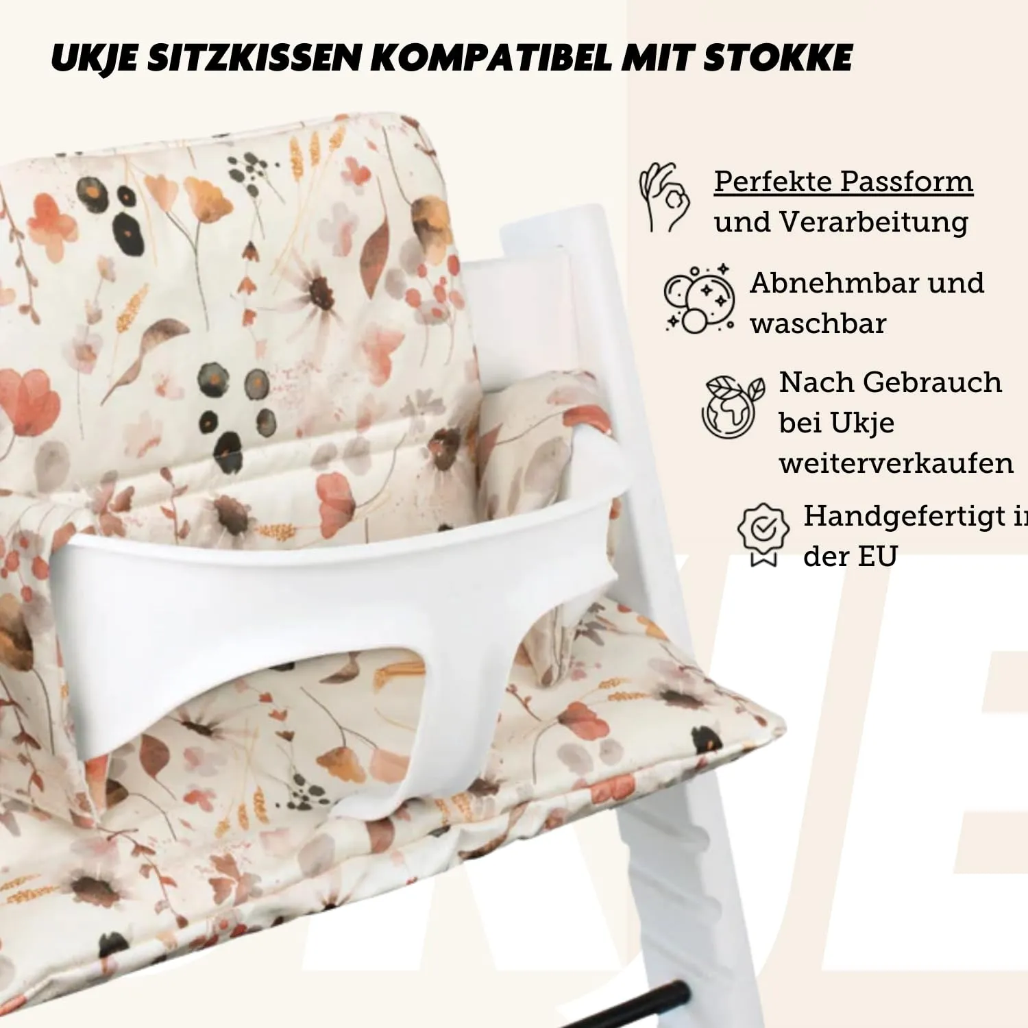 UKJE Cushion Compatible with Stokke Tripp Trapp - Soft Seat Cushion for Infants, Babies & Toddlers, High Chair Accessories, Cotton Fabric Insert, Easy to Install, Handmade in Europe (Wilde Flowers)