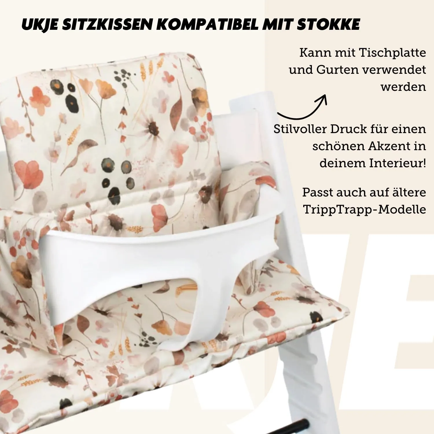 UKJE Cushion Compatible with Stokke Tripp Trapp - Soft Seat Cushion for Infants, Babies & Toddlers, High Chair Accessories, Cotton Fabric Insert, Easy to Install, Handmade in Europe (Wilde Flowers)