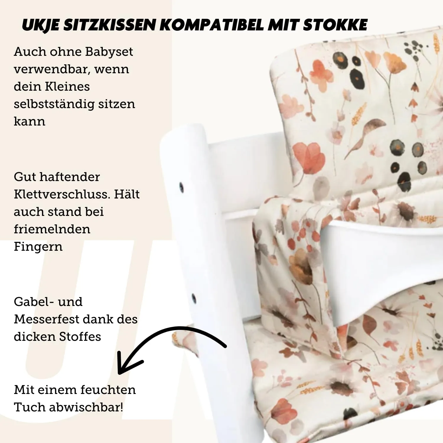 UKJE Cushion Compatible with Stokke Tripp Trapp - Soft Seat Cushion for Infants, Babies & Toddlers, High Chair Accessories, Cotton Fabric Insert, Easy to Install, Handmade in Europe (Wilde Flowers)