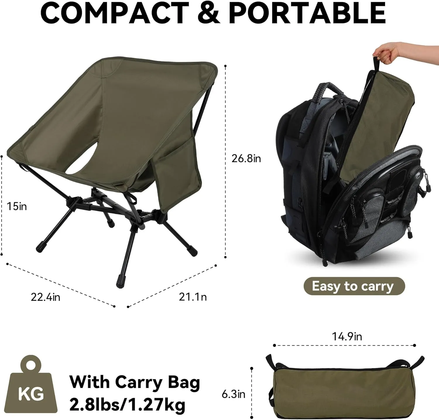 Ultralight Camping Chair, Portable Folding Backpacking Chair, Compact Camping Chair with Carry Bag for Outdoor Camp Hiking Backpack Beach Travel (Army Green)