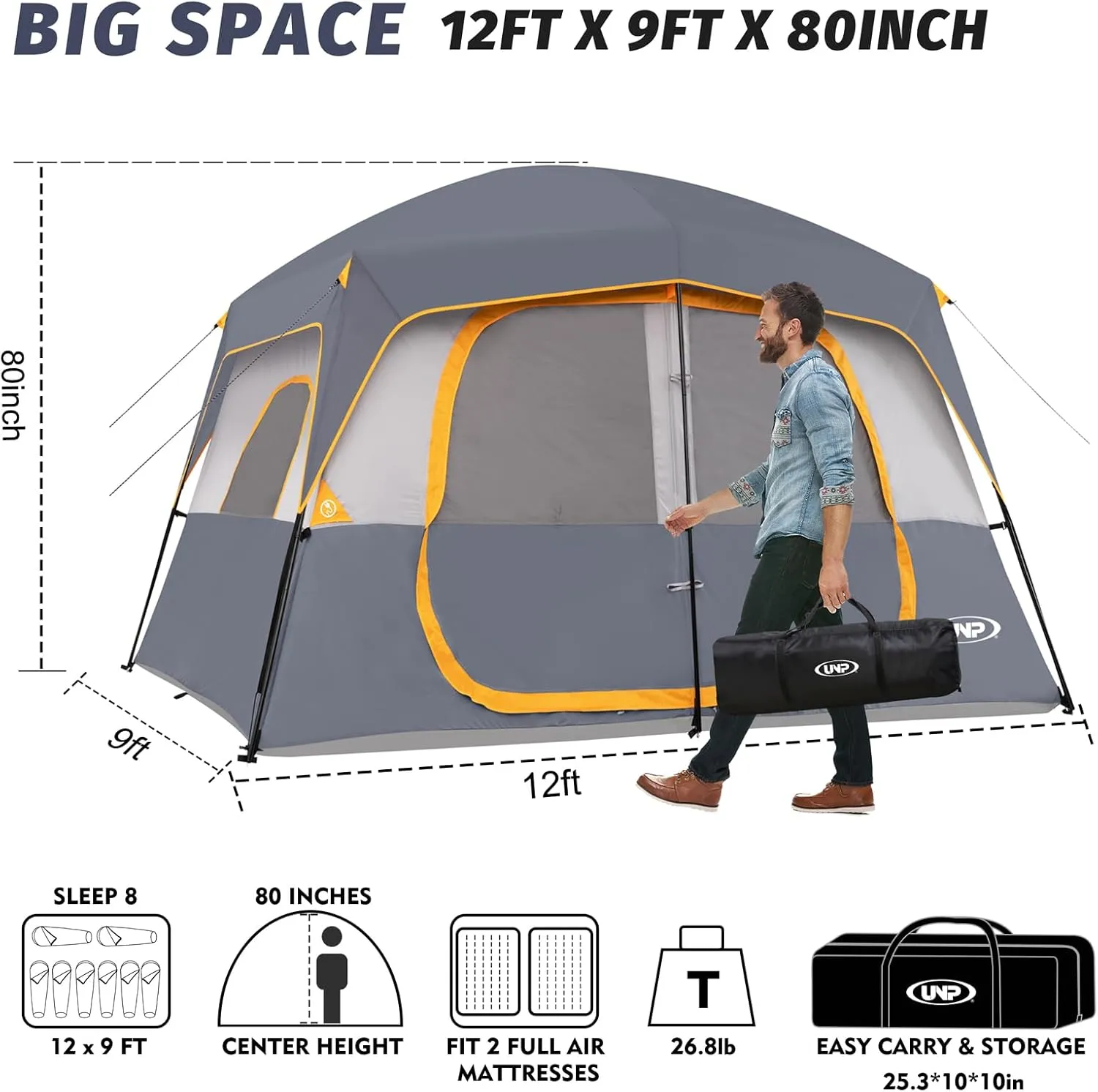 UNP 2/4/6/8 Person Tent, Portable Cabin Tent, Camping Tent 4-Person Easy Set Up, Waterproof with Top Rainfly for Outdoor Camping/Hiking