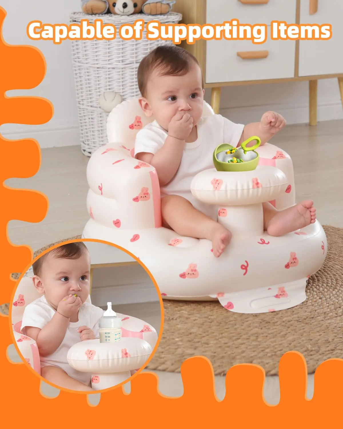 Upgrade Inflatable Baby Seat with Tray for Babies 3-36 Months, Built in Air Pump Bumbo Seat with Tray, Load-Capable Baby Chair Sit Me up Floor Seat for Baby, Learning to Sit&Feeding